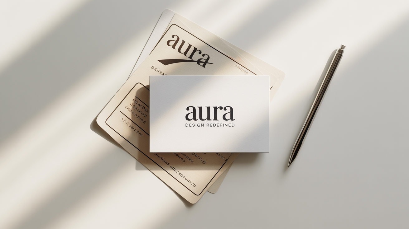 A flat lay image symbolizing a logo redesign, showing a modern, minimalist business card for the brand 'AURA' placed over an older, dated version of the card on a white background.
