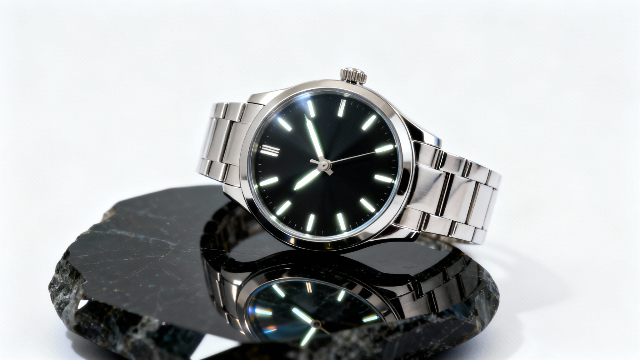 A hyper-realistic product photograph of a luxury silver wristwatch with a black face, lying on a reflective black surface that mirrors the watch against a clean white background.