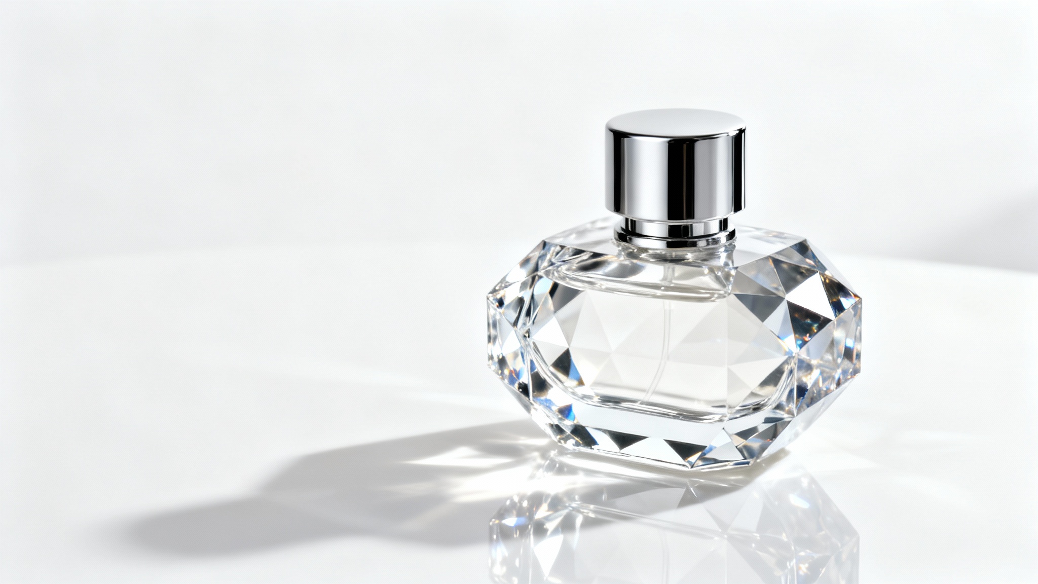 A professional studio photograph of a multifaceted crystal perfume bottle with a chrome cap, demonstrating expert reflective product photography with clear, sharp reflections on a clean white background.