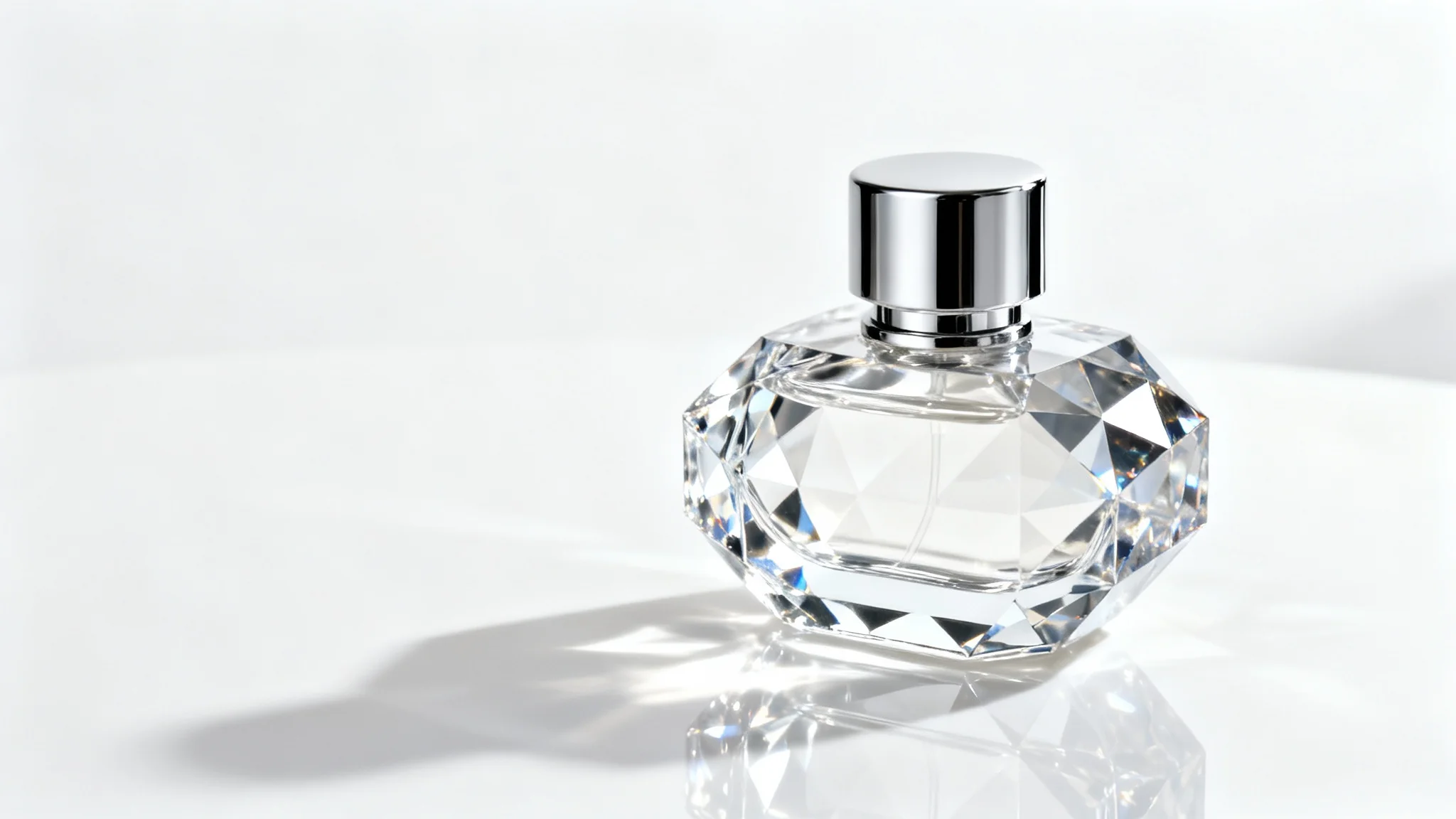 A professional studio photograph of a multifaceted crystal perfume bottle with a chrome cap, demonstrating expert reflective product photography with clear, sharp reflections on a clean white background.