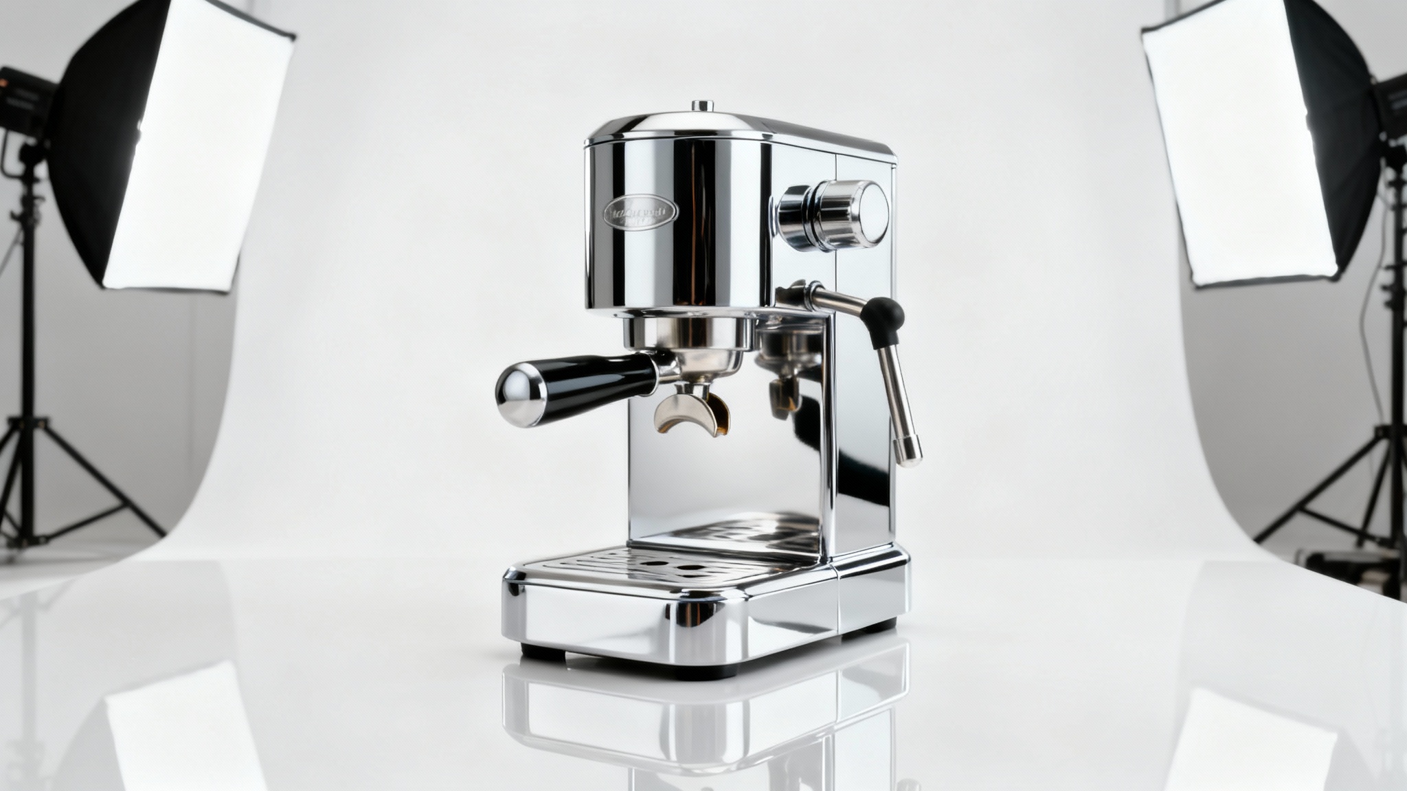 A professional product photograph of a sleek, chrome espresso machine on a pure white, reflective background. The studio lighting creates crisp reflections on its polished surface, emphasizing its minimalist design and premium quality.