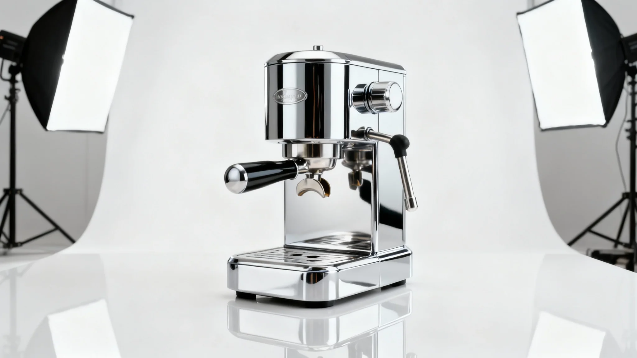 A professional product photograph of a sleek, chrome espresso machine on a pure white, reflective background. The studio lighting creates crisp reflections on its polished surface, emphasizing its minimalist design and premium quality.