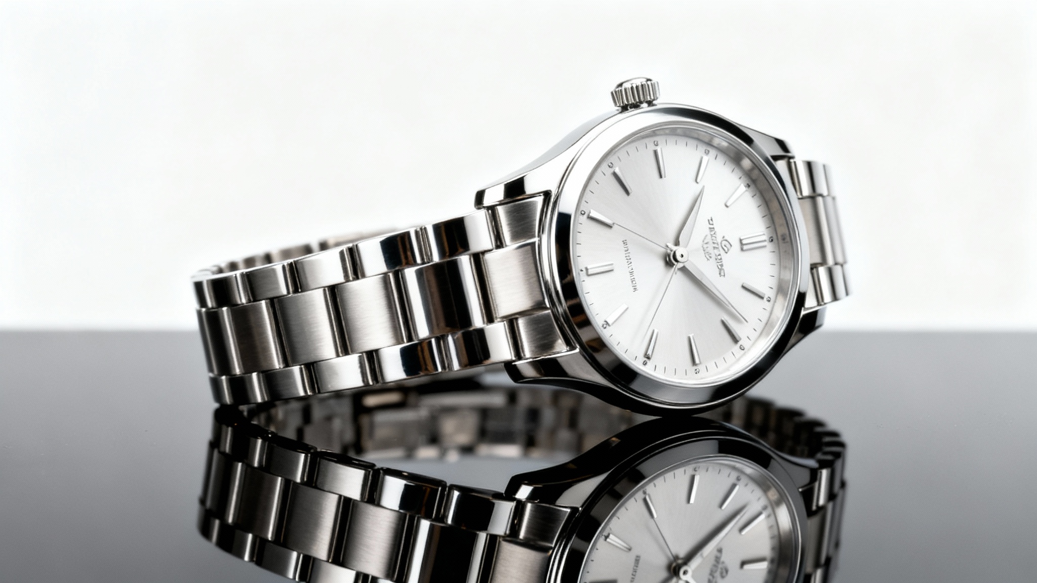 A hyper-realistic studio photograph of a reflective chrome watch on a dark, glossy surface against a white background, demonstrating professional product photography for reflective items.