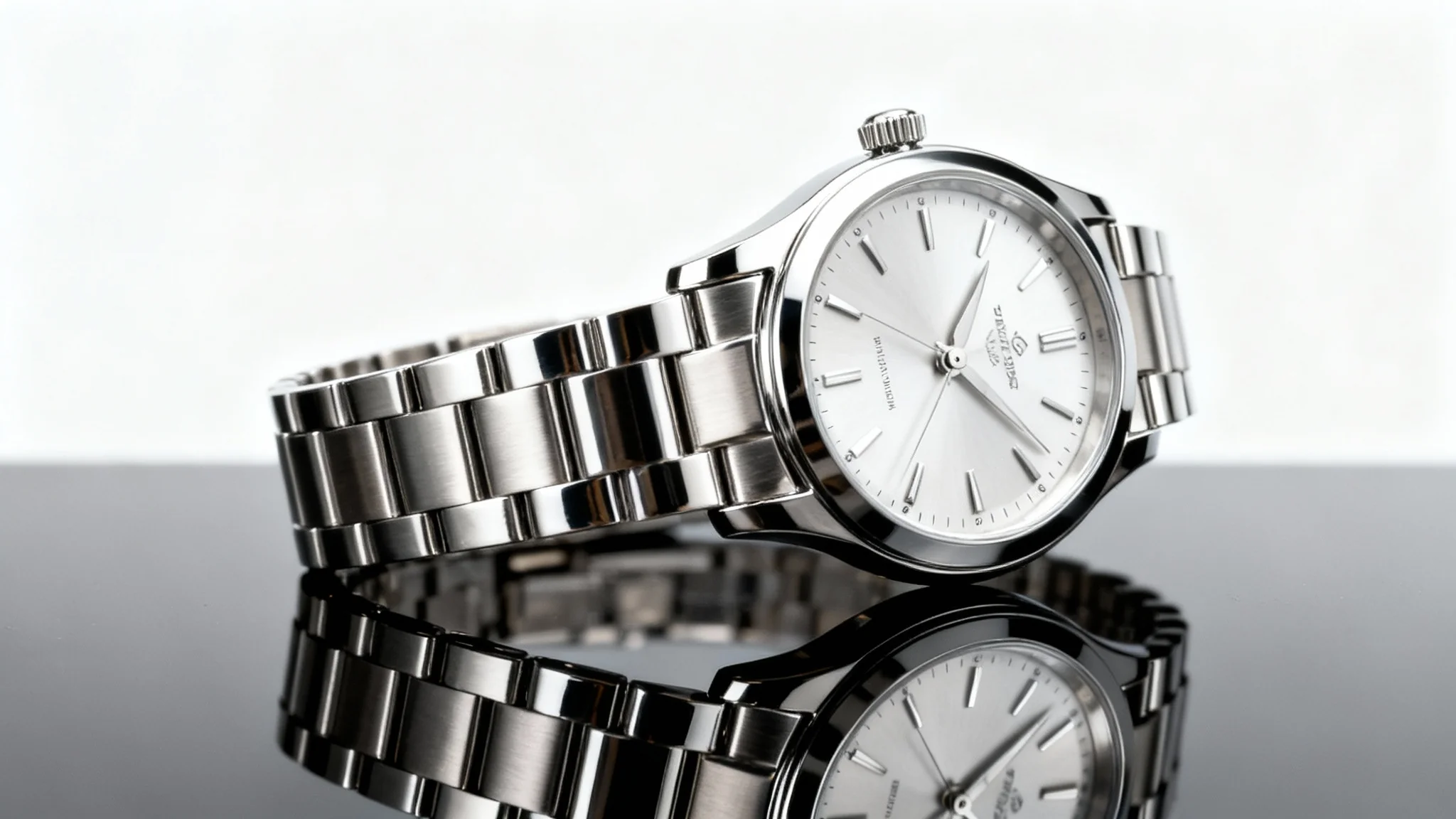 A hyper-realistic studio photograph of a reflective chrome watch on a dark, glossy surface against a white background, demonstrating professional product photography for reflective items.