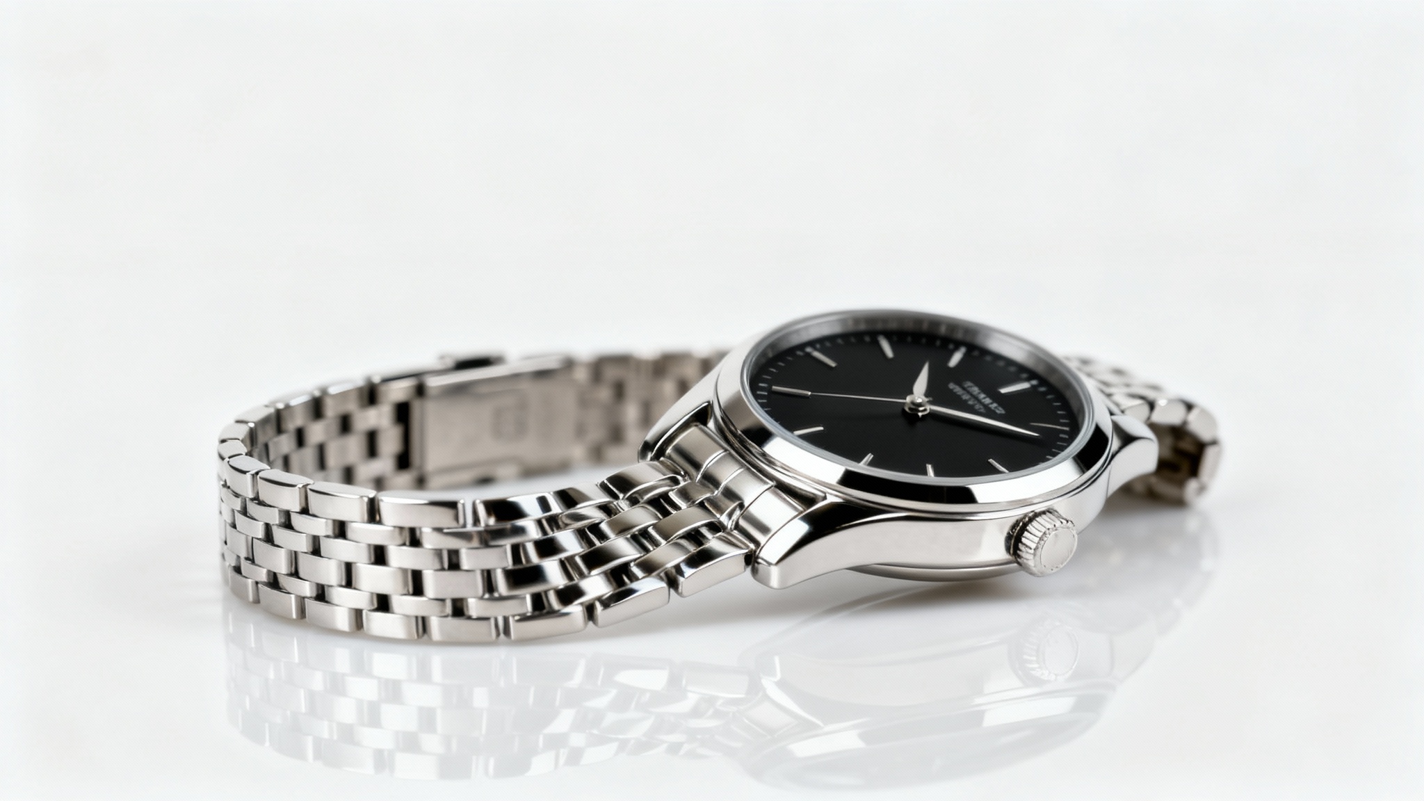 A hyperrealistic studio product shot of a luxury chrome watch on a reflective white surface, showcasing clean, professional lighting and reflections on the metallic finish.