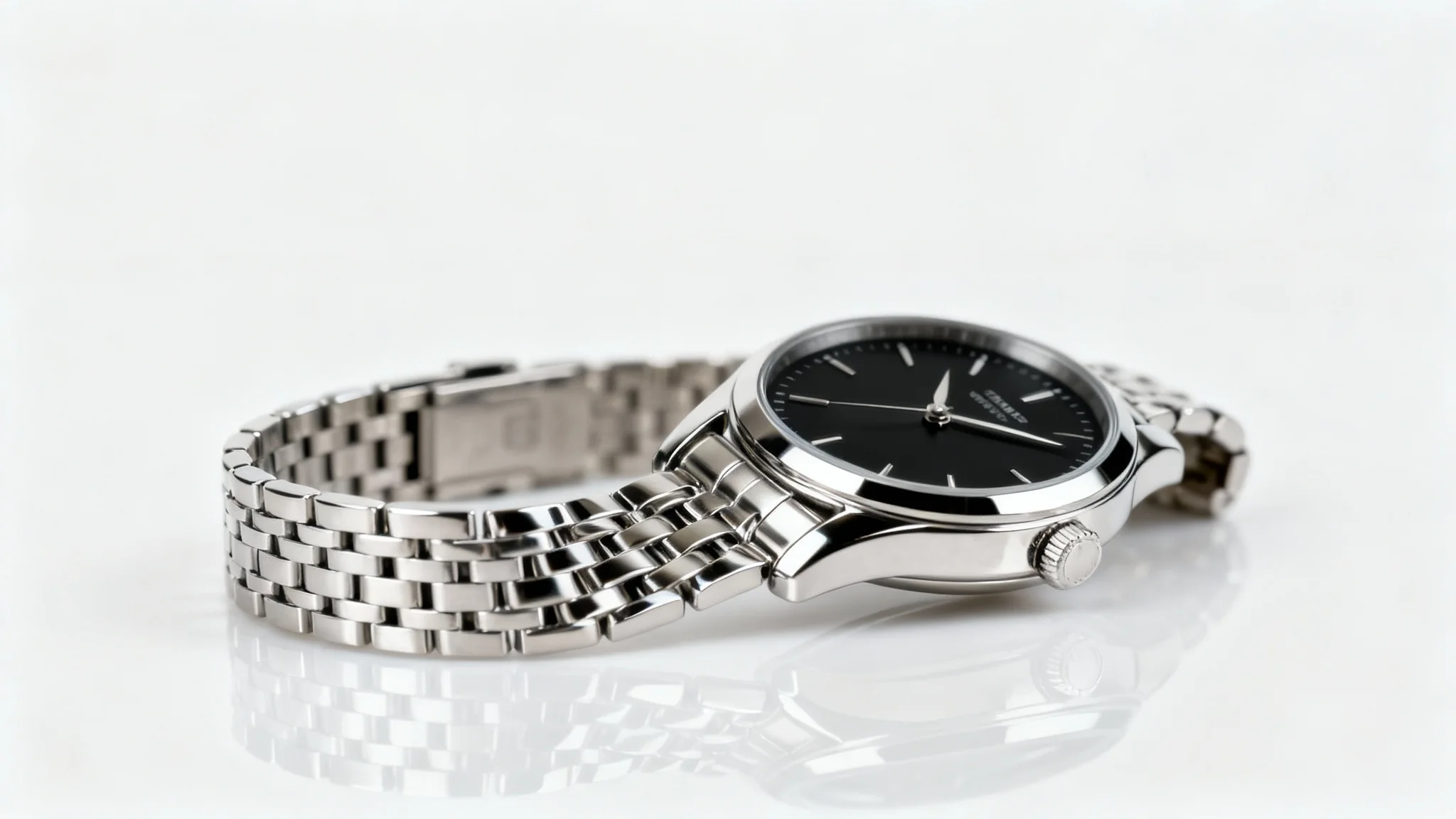 A hyperrealistic studio product shot of a luxury chrome watch on a reflective white surface, showcasing clean, professional lighting and reflections on the metallic finish.