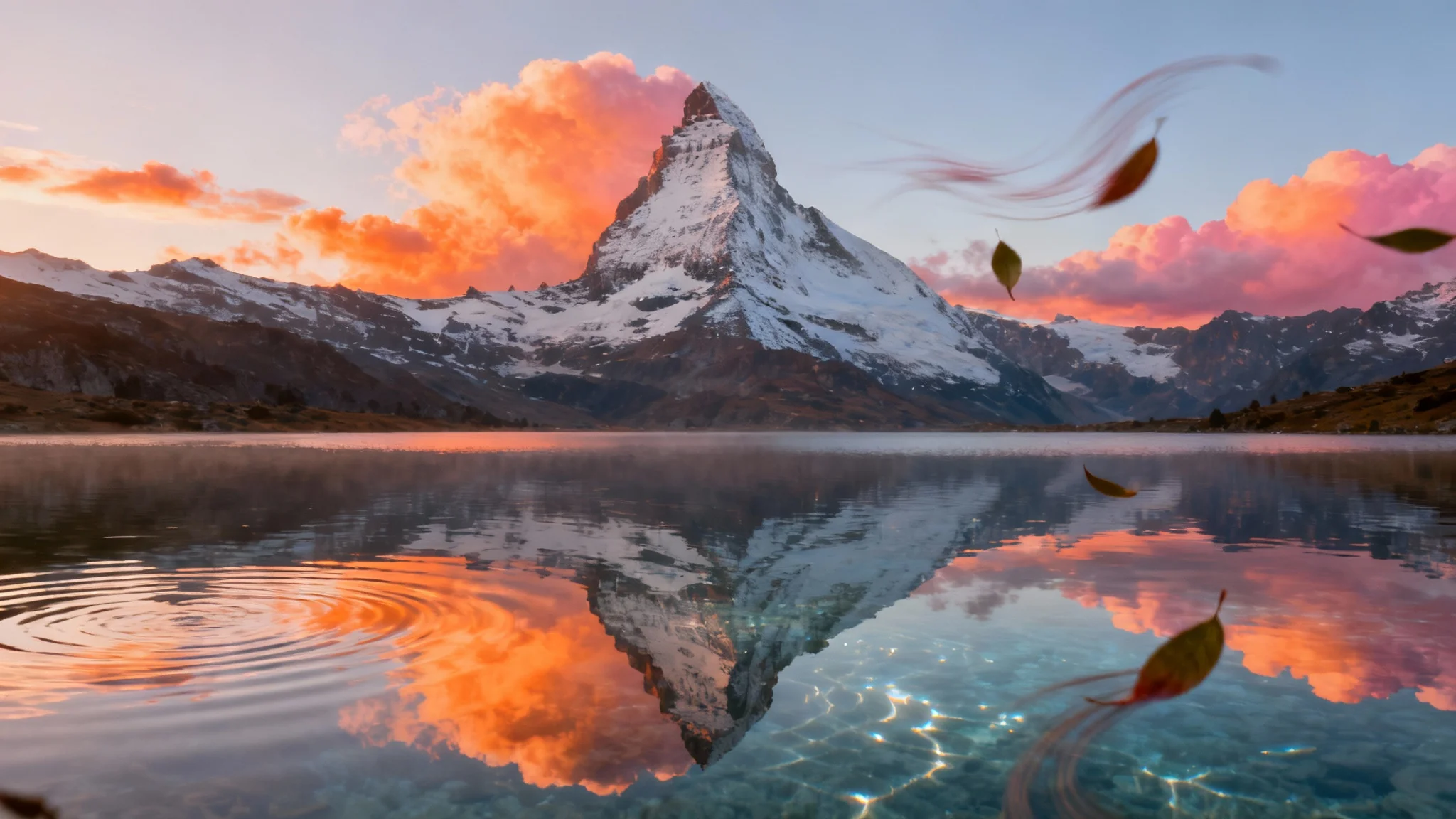 A hero image showing the result of a 'video from image' tool. A beautiful mountain landscape photo has been animated, with visible motion in the lake's water, the clouds, and foreground leaves.