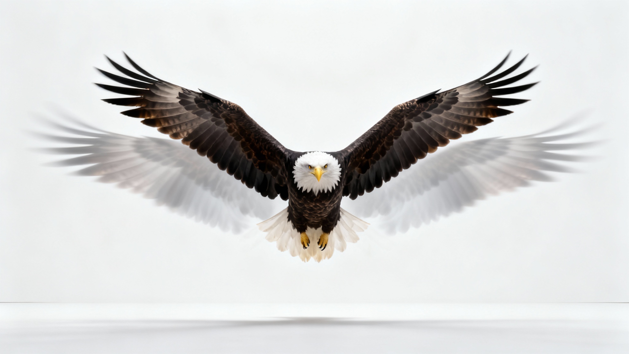 A still photograph of an eagle in flight, with its wings blurring and extending beyond the photo's frame to signify motion, representing the creation of a video from a single image.