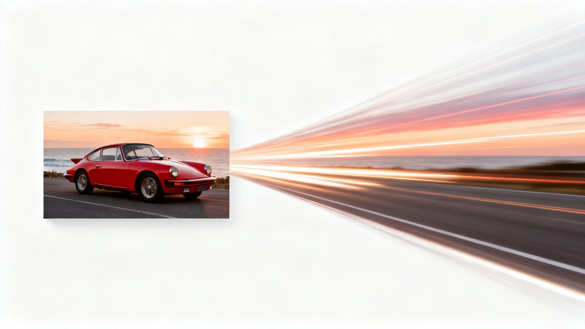 A static photo of a red sports car parked at sunset seamlessly transitions into a dynamic scene with motion blur and light trails, symbolizing the creation of a video from an image.