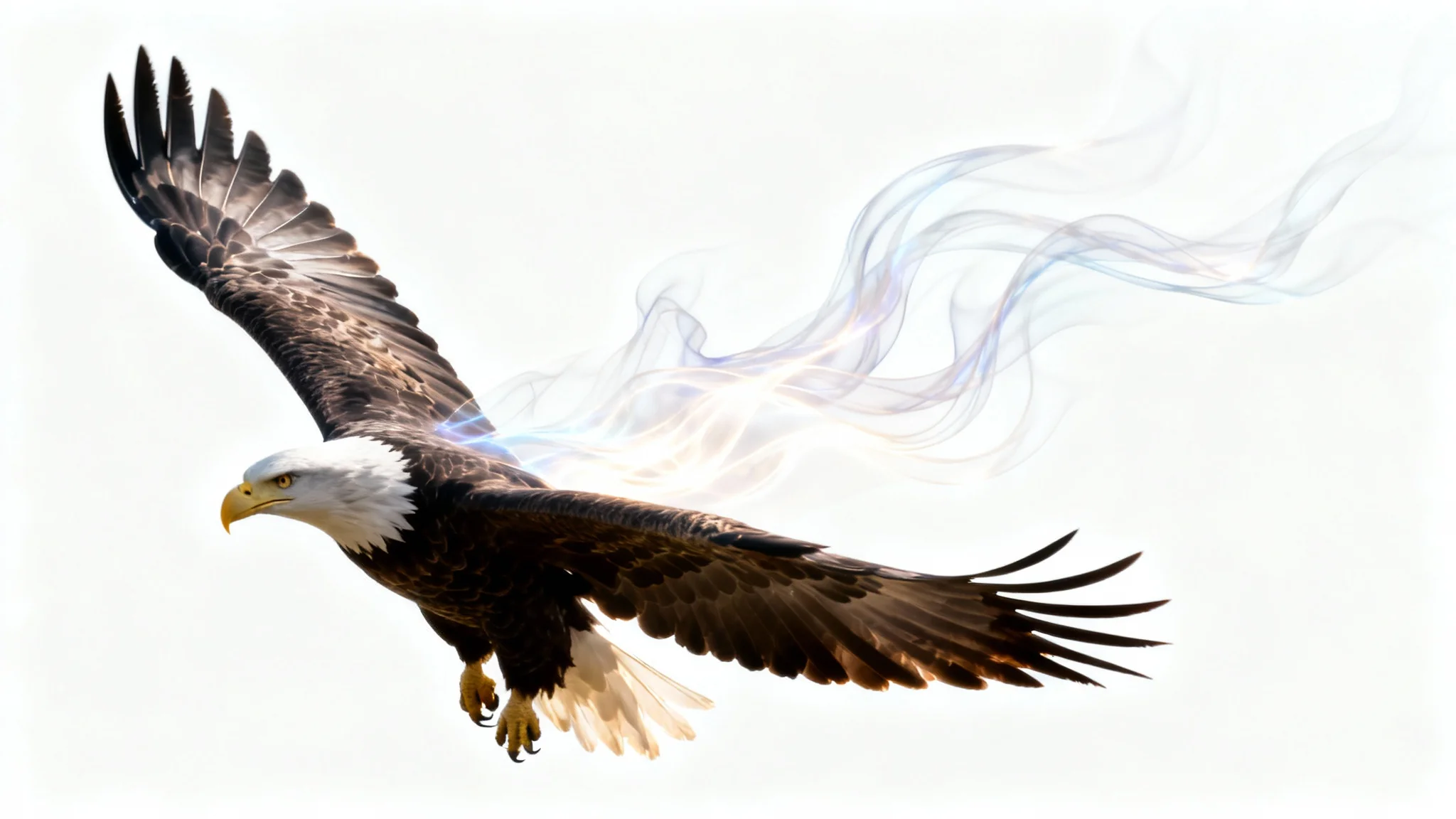 A hyper-realistic photo of an eagle, frozen mid-flight, with beautiful light trails illustrating its wing movement, symbolizing an image being turned into a video.