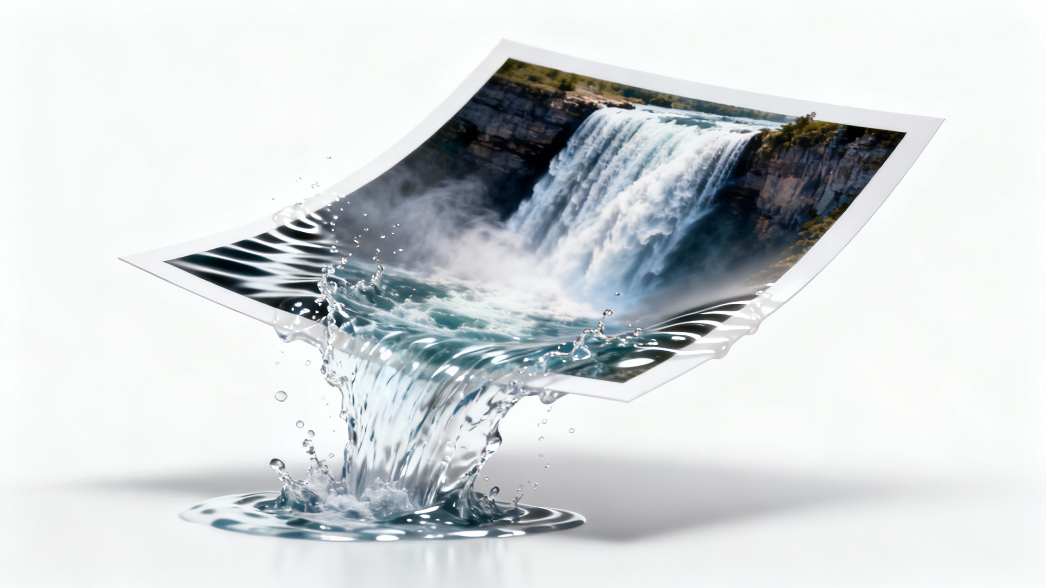 A conceptual image representing video creation from an image, showing a photograph of a waterfall where the water is coming to life and flowing out of the picture frame.