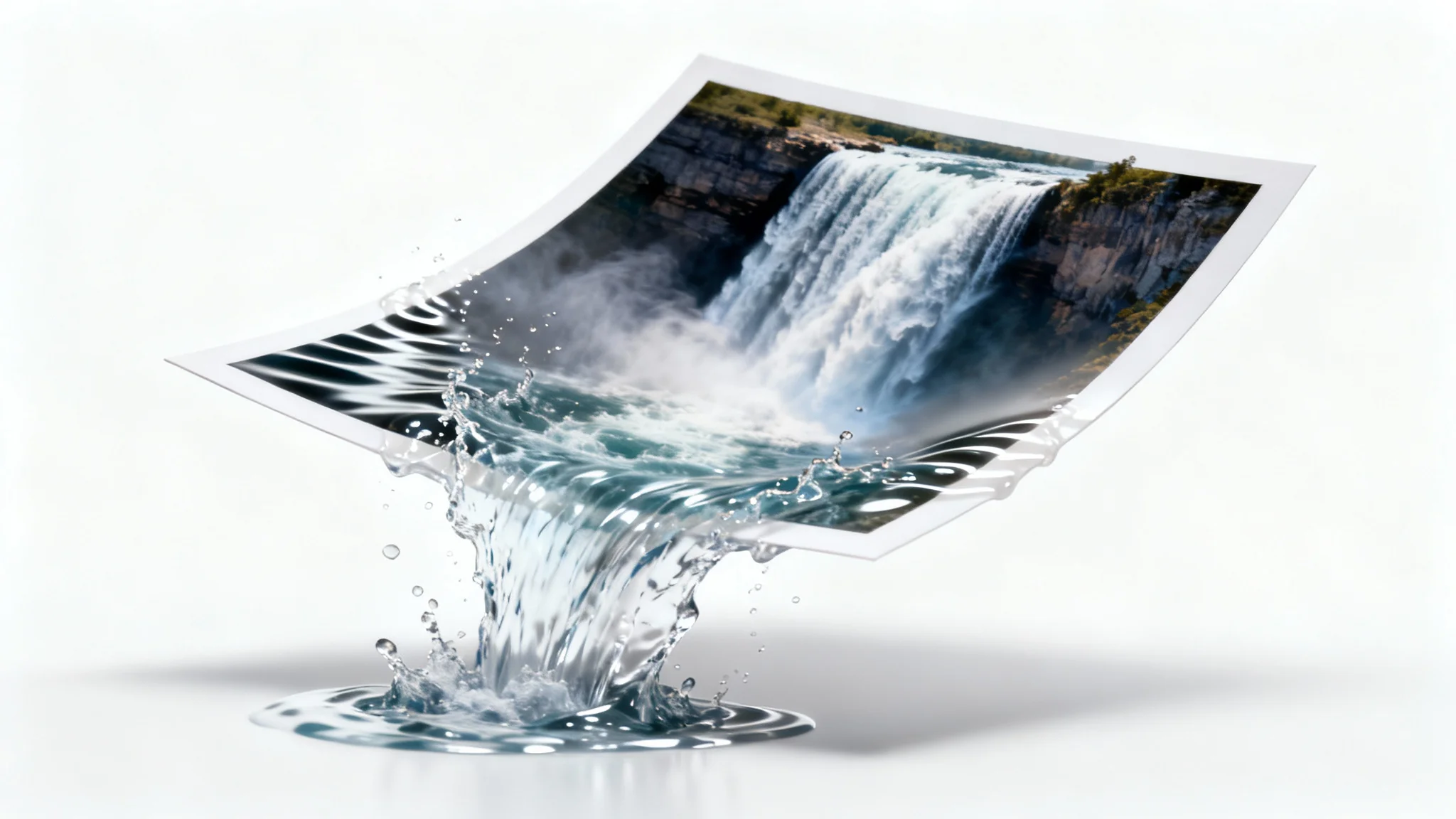 A conceptual image representing video creation from an image, showing a photograph of a waterfall where the water is coming to life and flowing out of the picture frame.