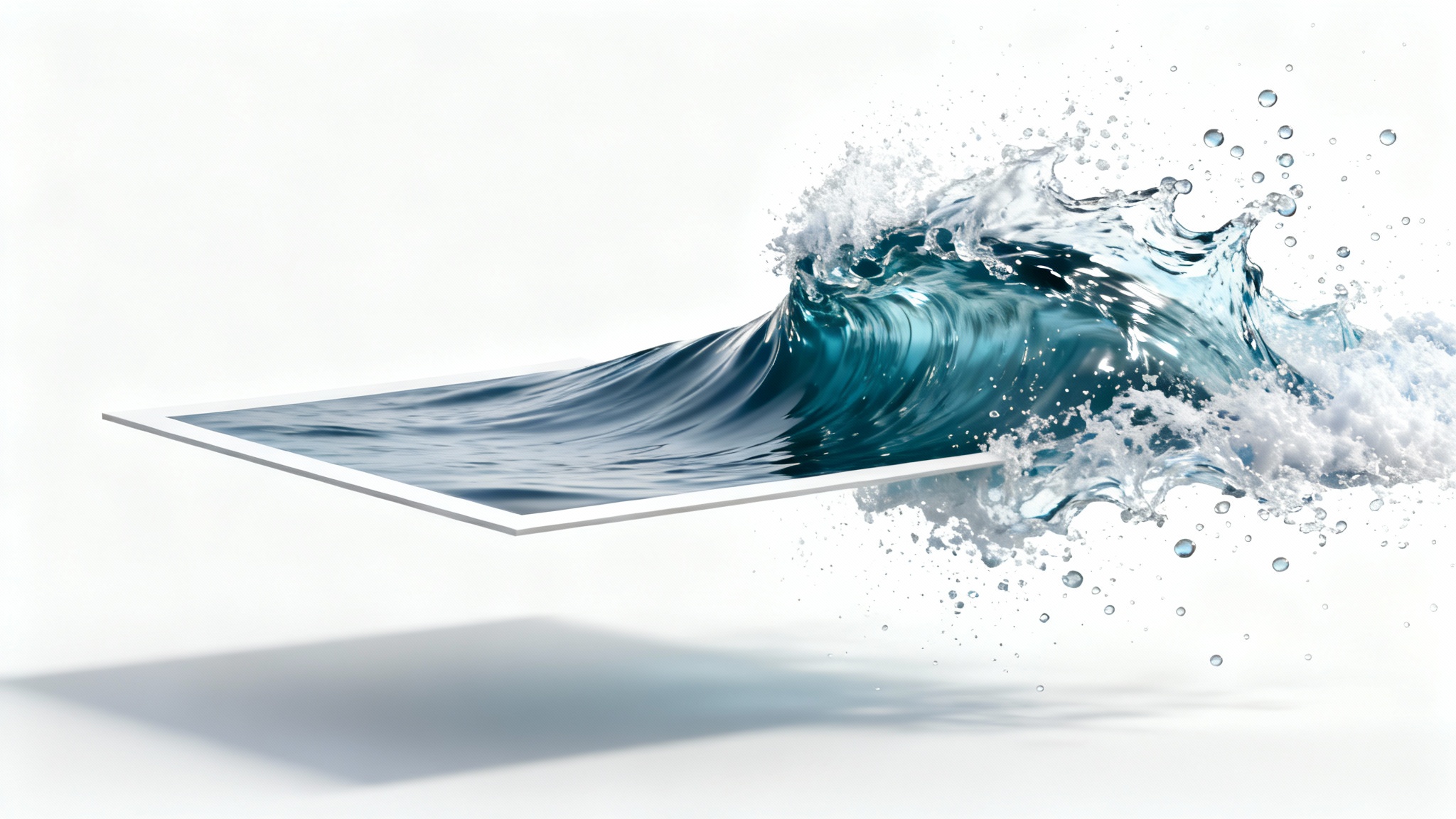 A visual representation of creating video from an image, showing a static photo of an ocean wave from which a dynamic, 3D water splash is bursting out, against a white background.