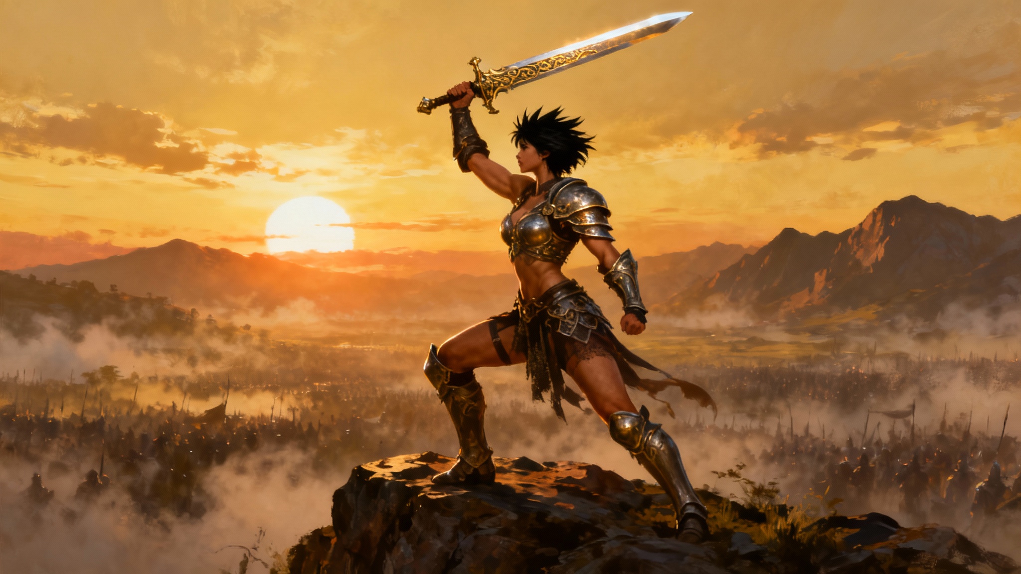 A stunning digital painting of a muscular female warrior in a dynamic pose, holding a sword aloft on a rocky outcrop during a dramatic sunset over a battlefield, representing a finished piece of concept art.
