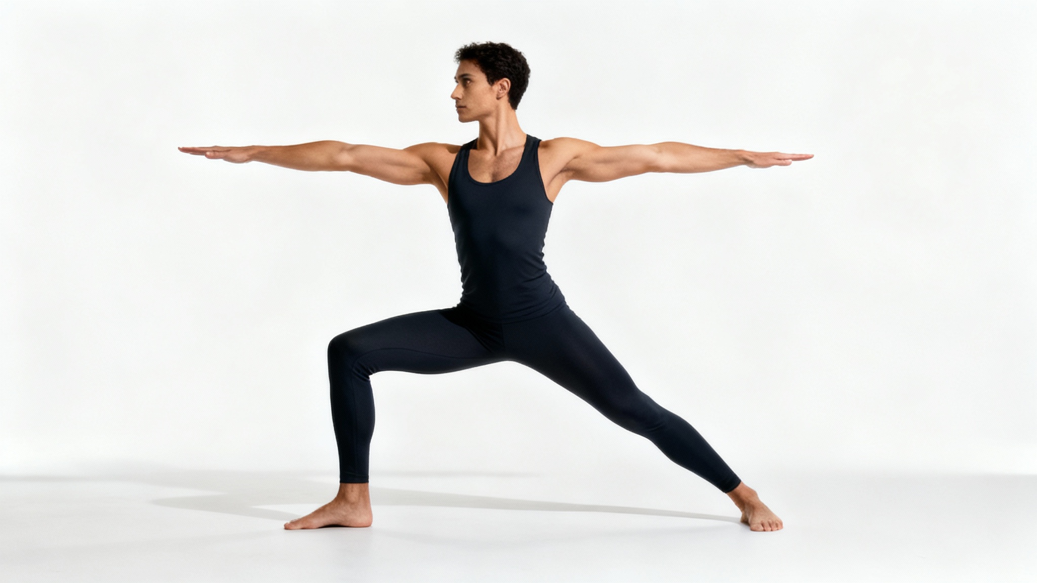 A photorealistic image of an athletic person in a perfect Warrior II yoga pose, viewed from the side against a plain white background, illustrating strength and balance.