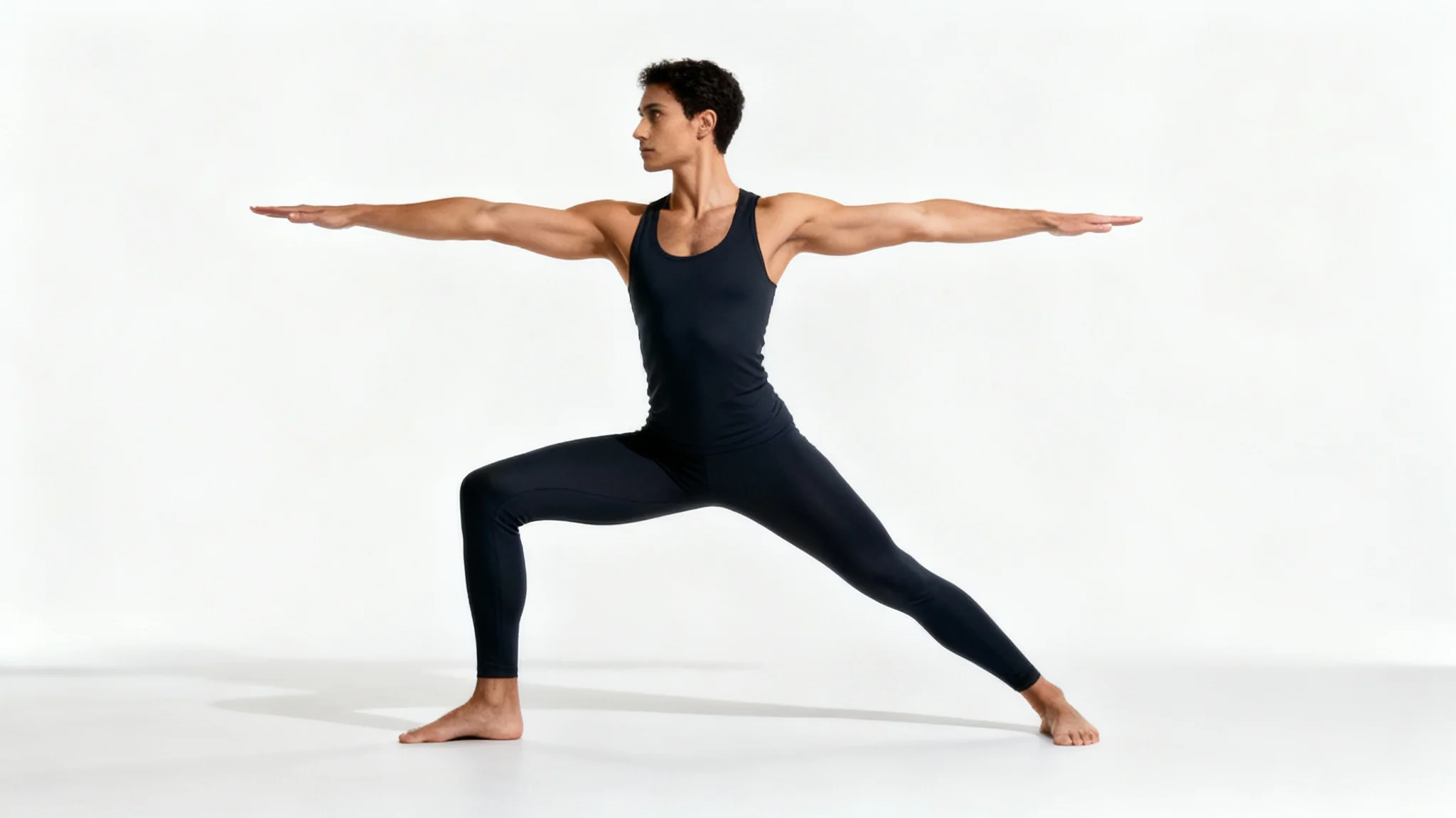 A photorealistic image of an athletic person in a perfect Warrior II yoga pose, viewed from the side against a plain white background, illustrating strength and balance.
