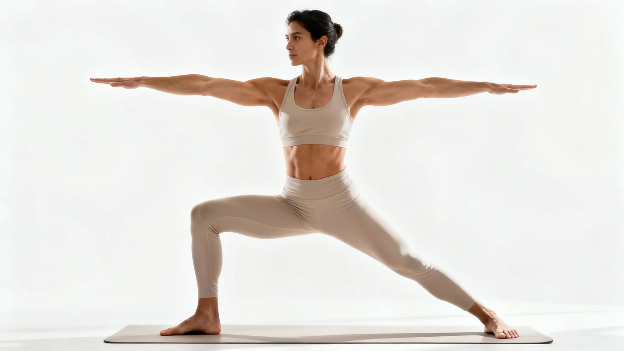 An athletic person demonstrating a perfect Warrior II yoga pose against a stark white background, showcasing strength and balance.