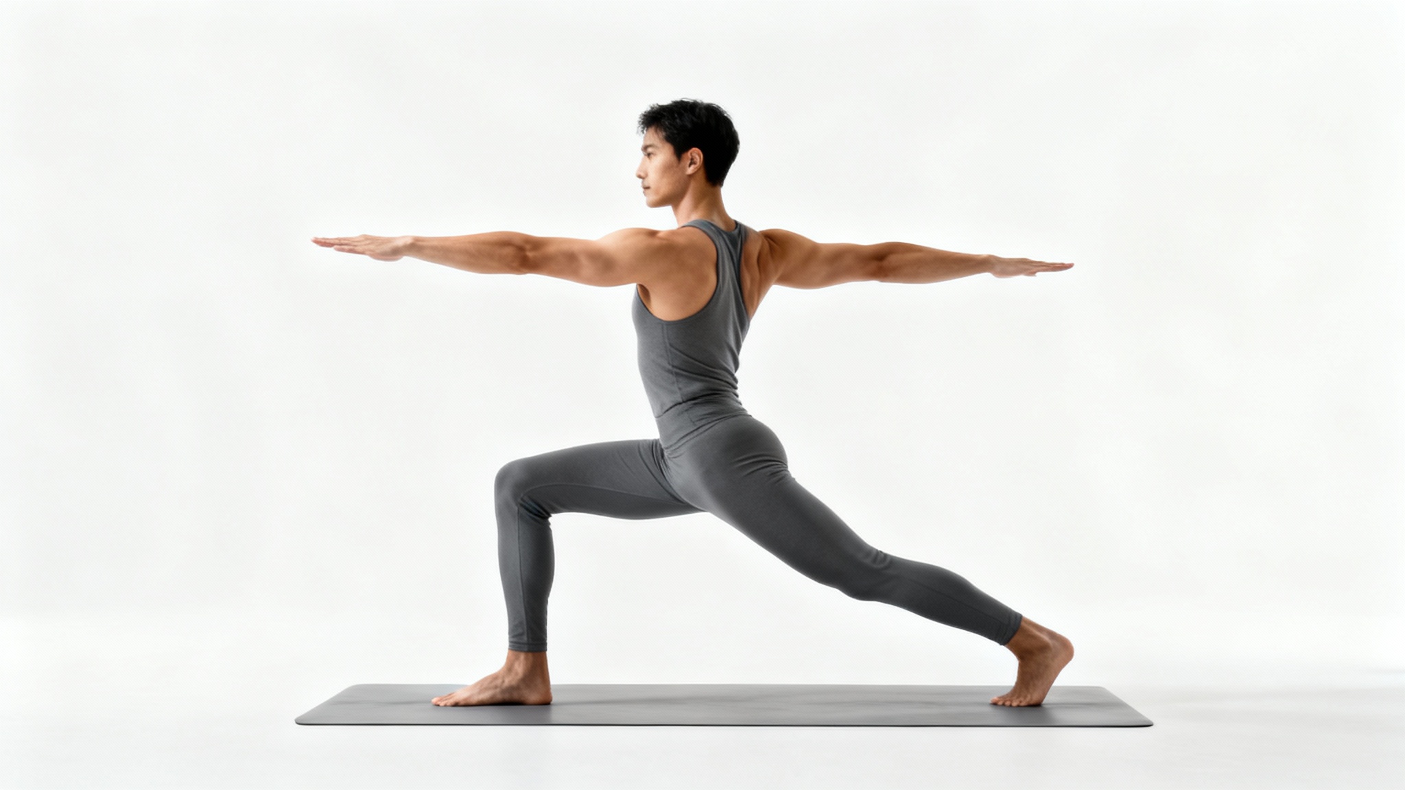 A full-body side view of an athletic person in the Warrior II yoga pose, demonstrating proper form and alignment against a clean white background.