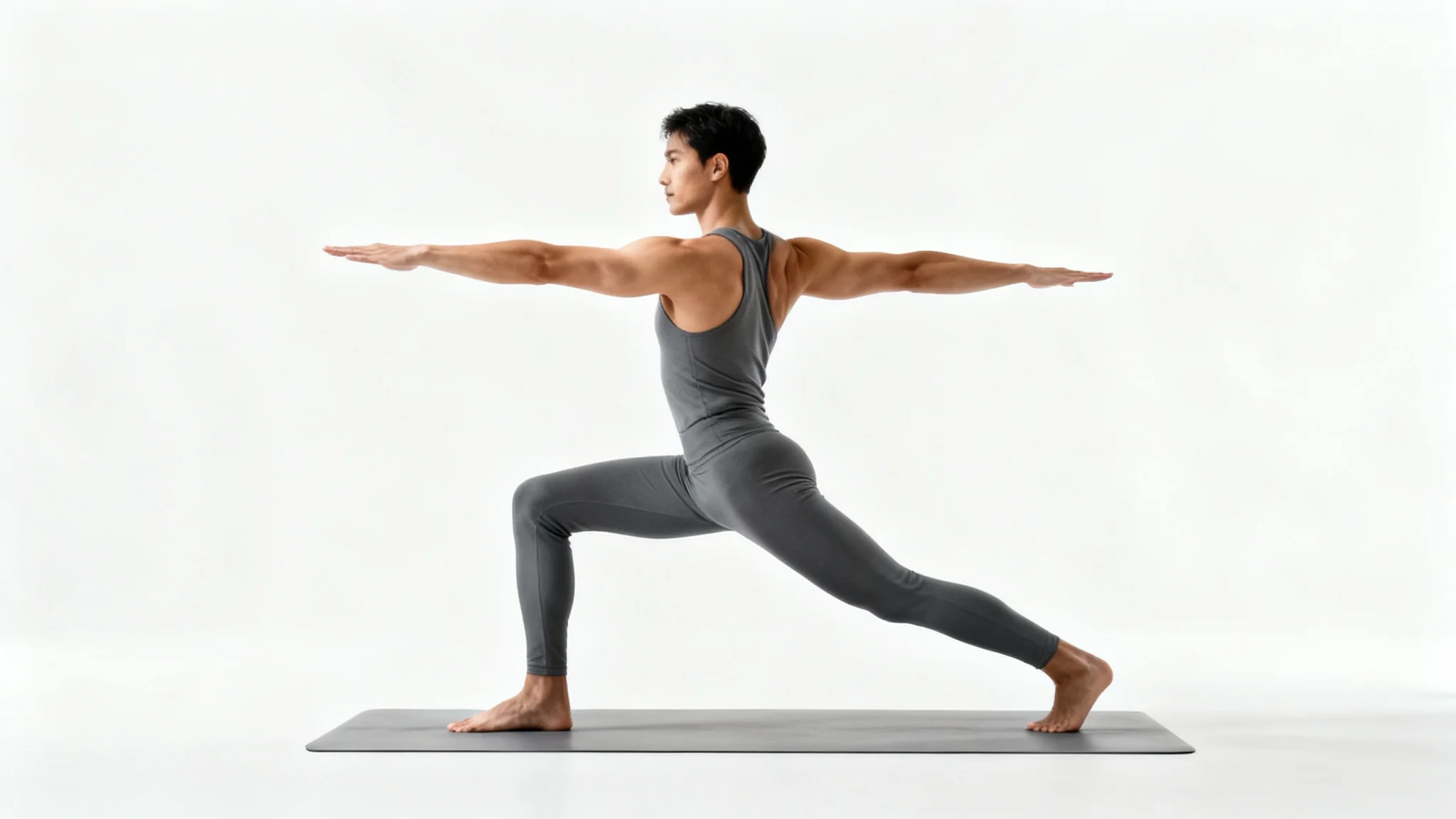 A full-body side view of an athletic person in the Warrior II yoga pose, demonstrating proper form and alignment against a clean white background.