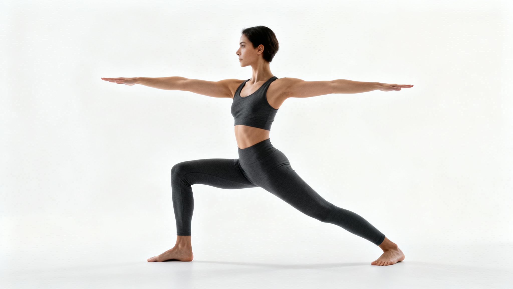 A clear, full-body reference image of a person performing the Warrior II yoga pose against a stark white background, showcasing proper form and alignment.