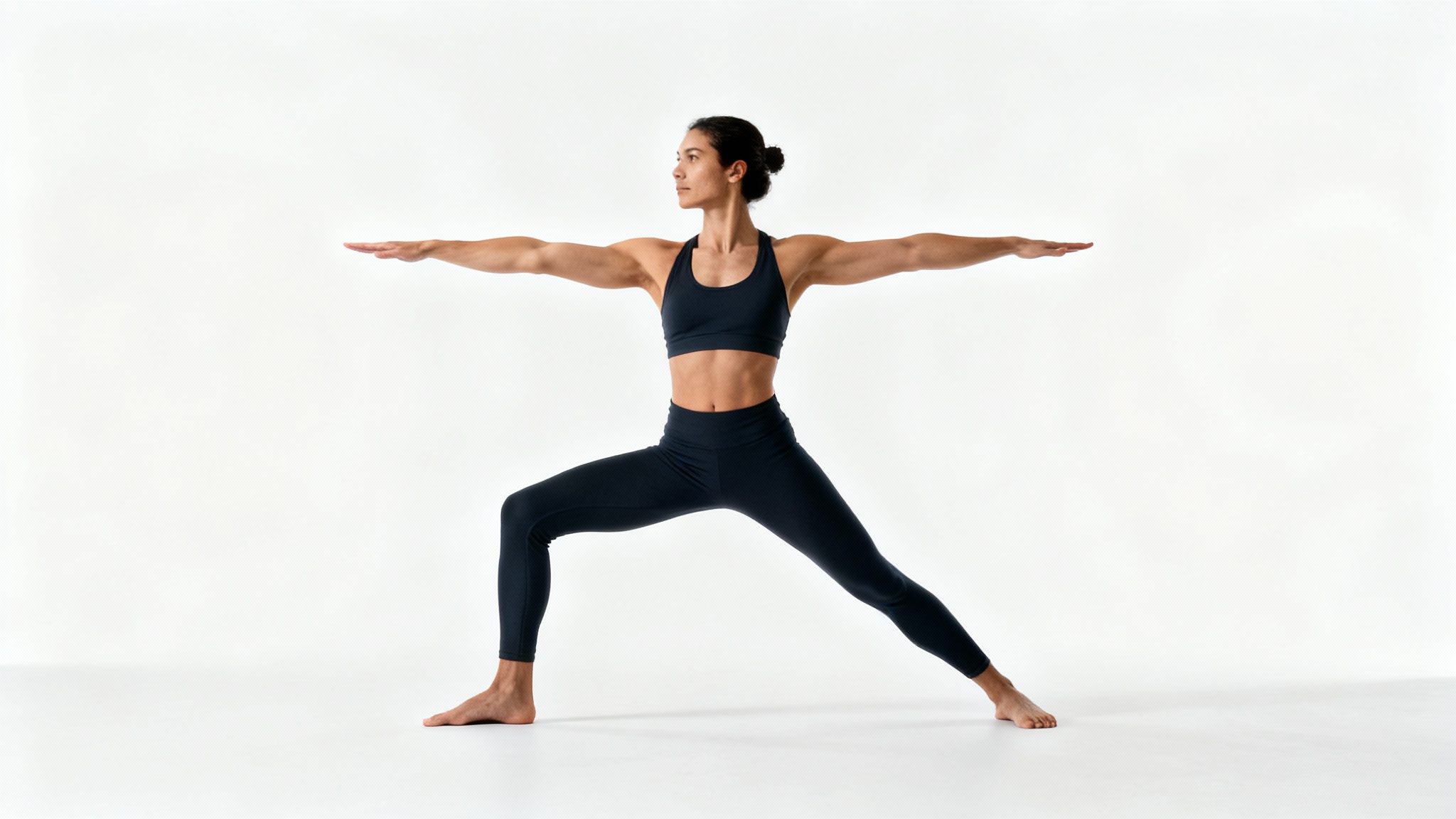 A full-body photograph of an athletic person executing a flawless Warrior II yoga pose against a stark white background, demonstrating proper form and strength.