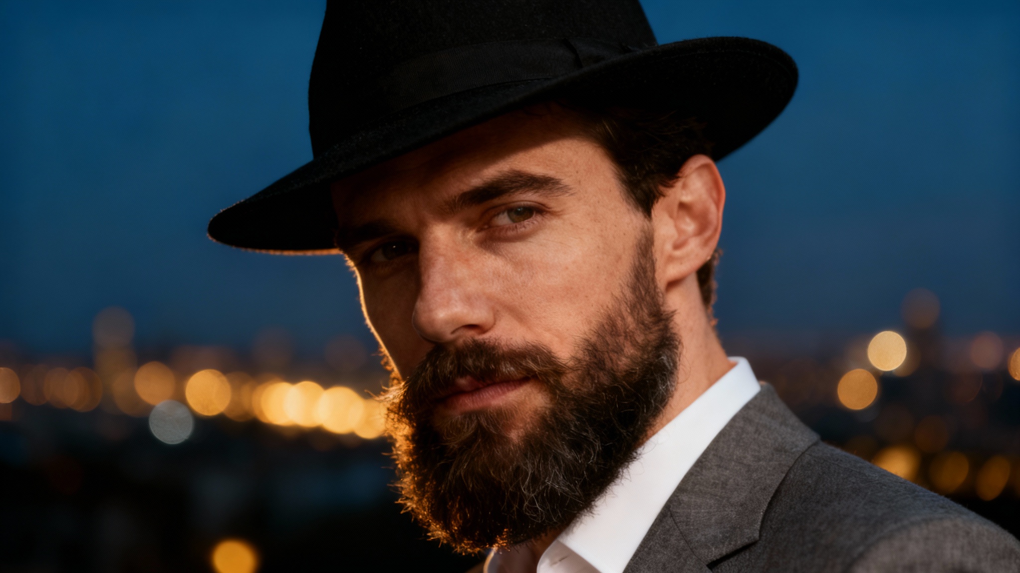 A professionally edited, high-fashion portrait of a man wearing a black fedora and a gray suit, with a blurred cityscape background at dusk. The image is sharp, vibrant, and has a cinematic quality.