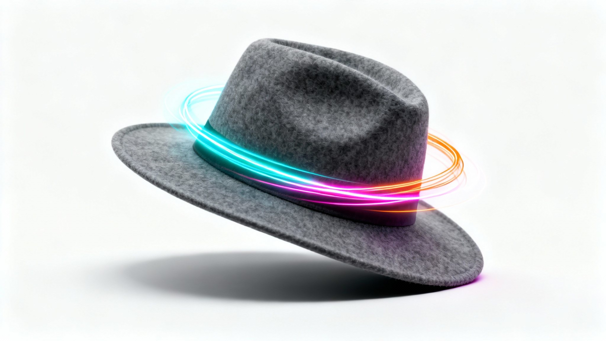 A photorealistic image of a charcoal grey fedora hat on a white background, with vibrant swirls of colorful light around it to represent the concept of photo editing.