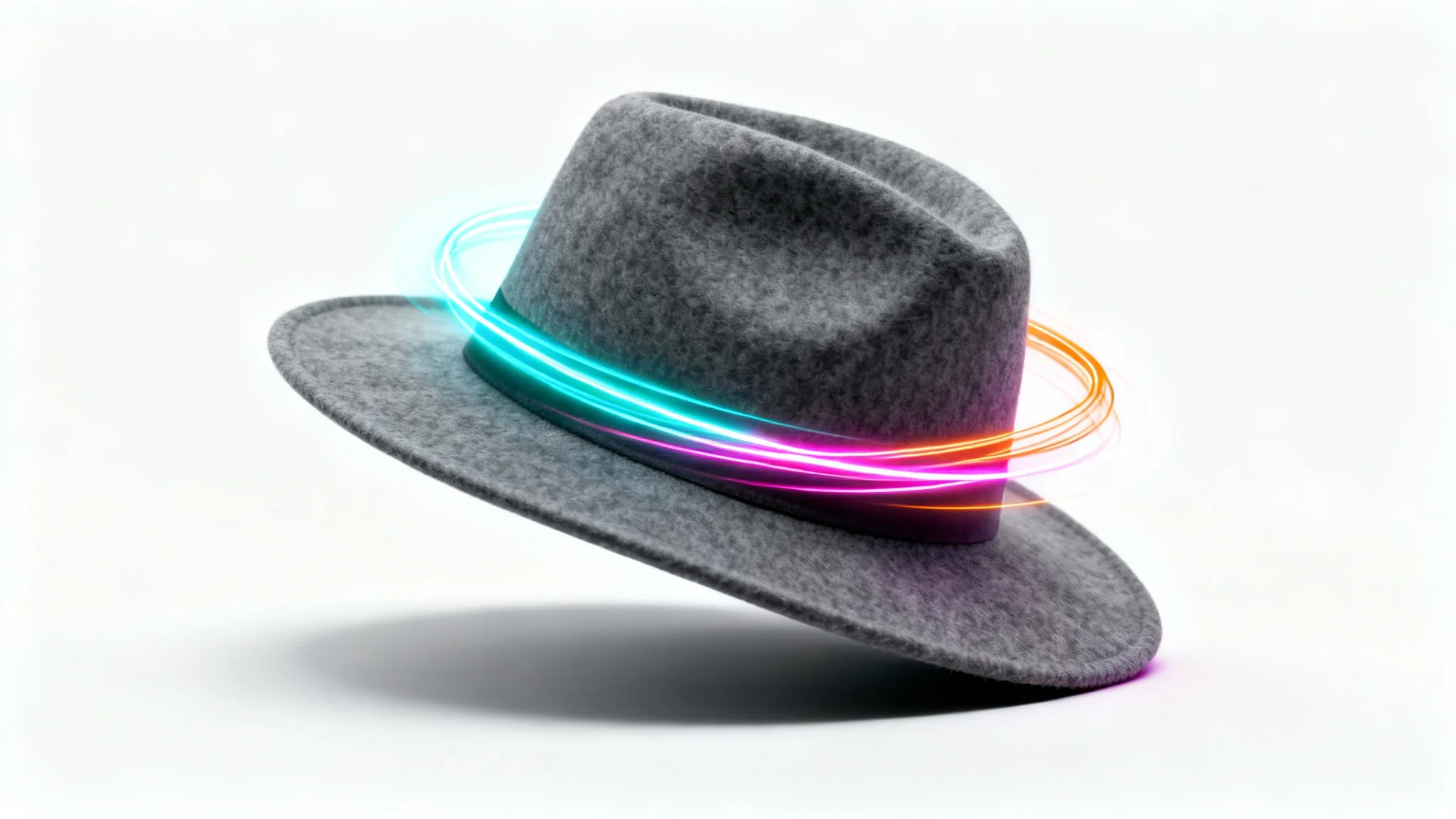 A photorealistic image of a charcoal grey fedora hat on a white background, with vibrant swirls of colorful light around it to represent the concept of photo editing.