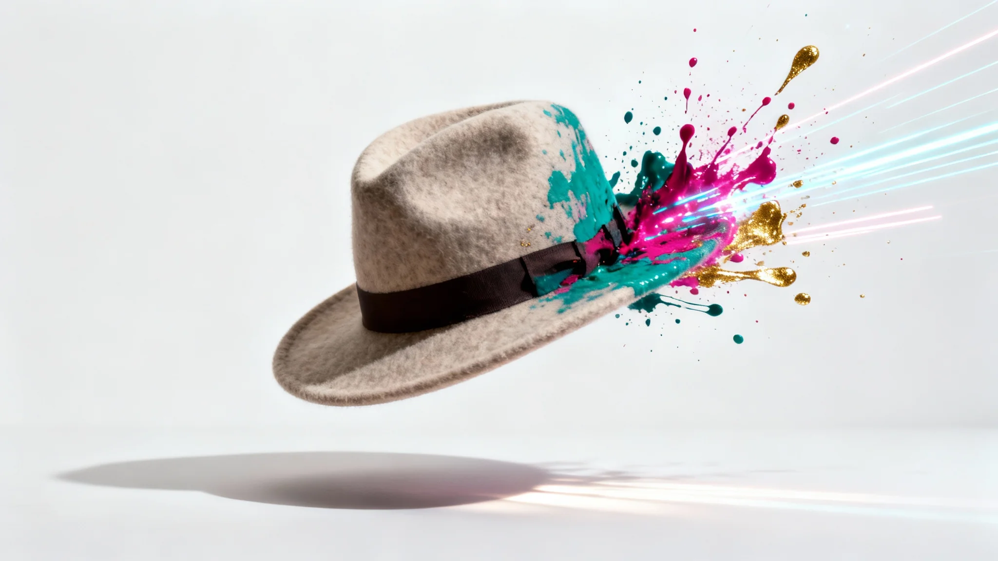 A classic fedora hat on a white background, with one side bursting into a vibrant splash of colorful paint, symbolizing the creative possibilities of a photo editor.