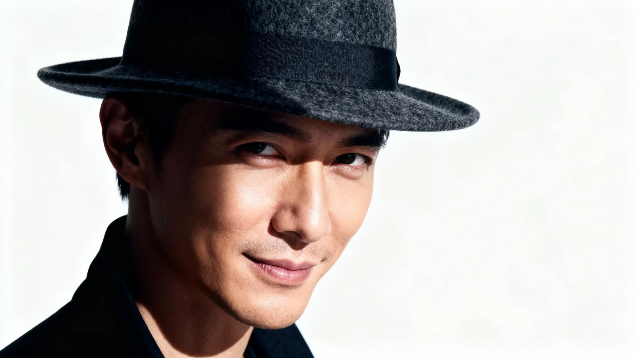 A professionally edited, high-contrast photo of a person wearing a stylish fedora against a solid white background, demonstrating a photo editor's capabilities.