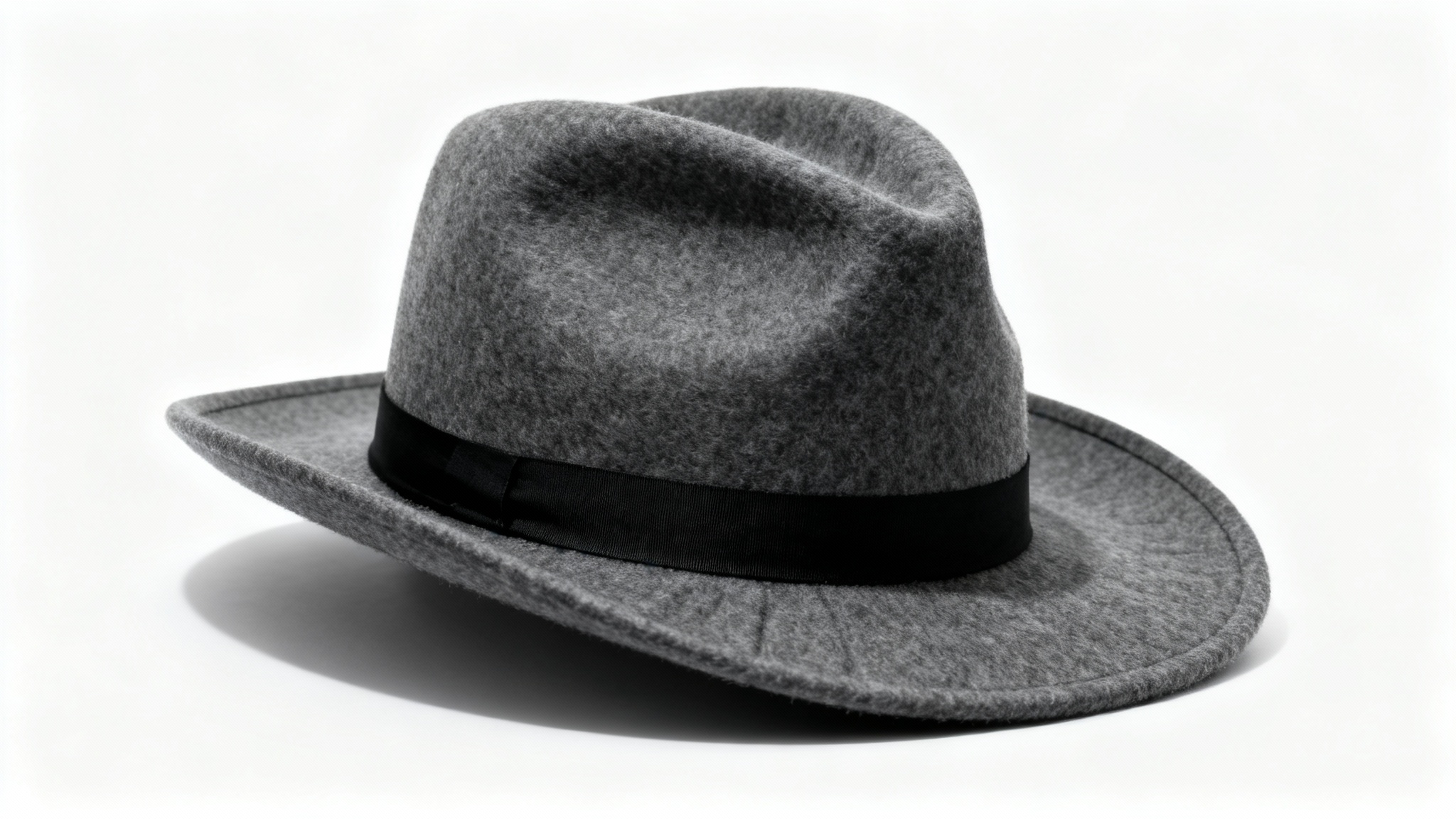 A professional studio photograph of a classic charcoal gray fedora with a black ribbon, set against a stark white background.