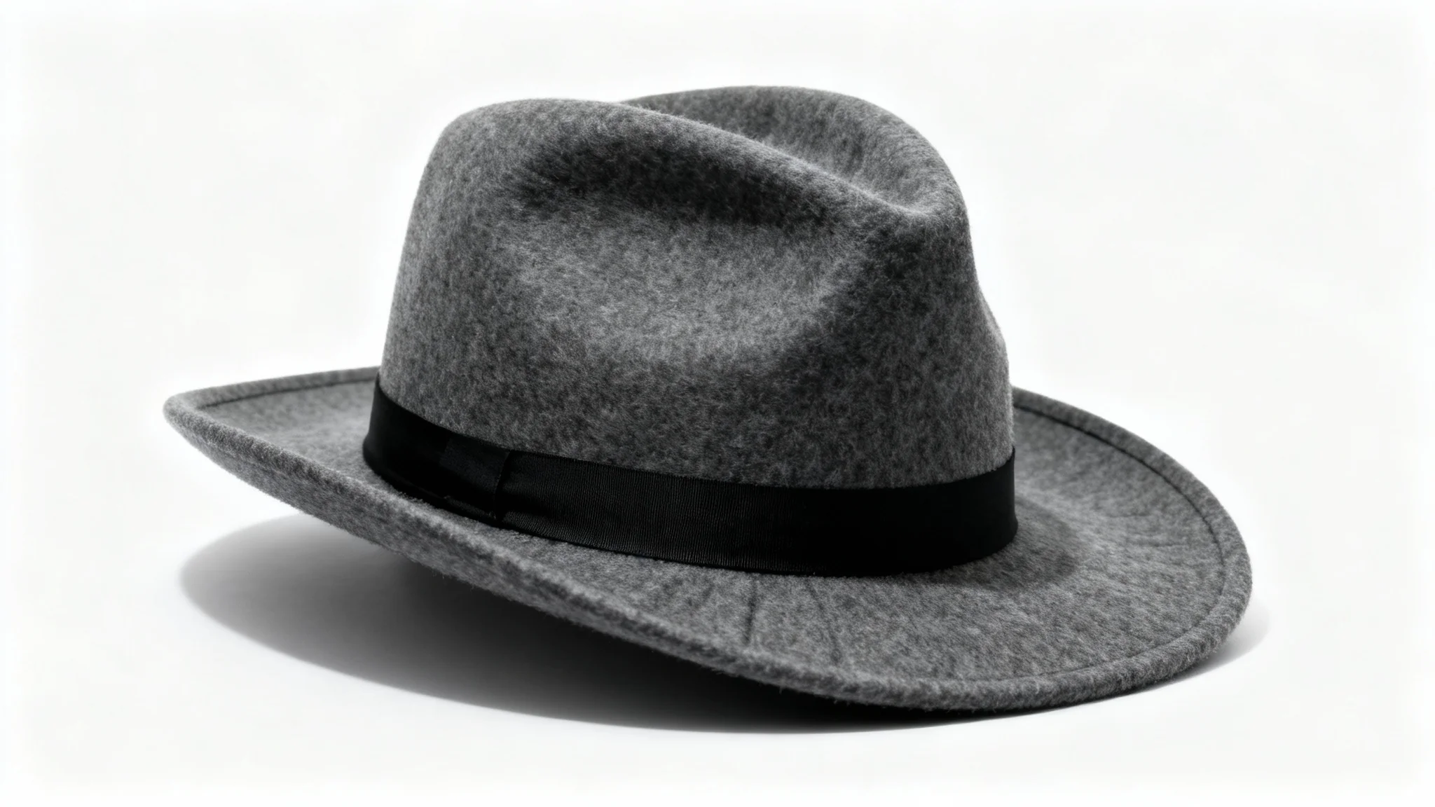 A professional studio photograph of a classic charcoal gray fedora with a black ribbon, set against a stark white background.