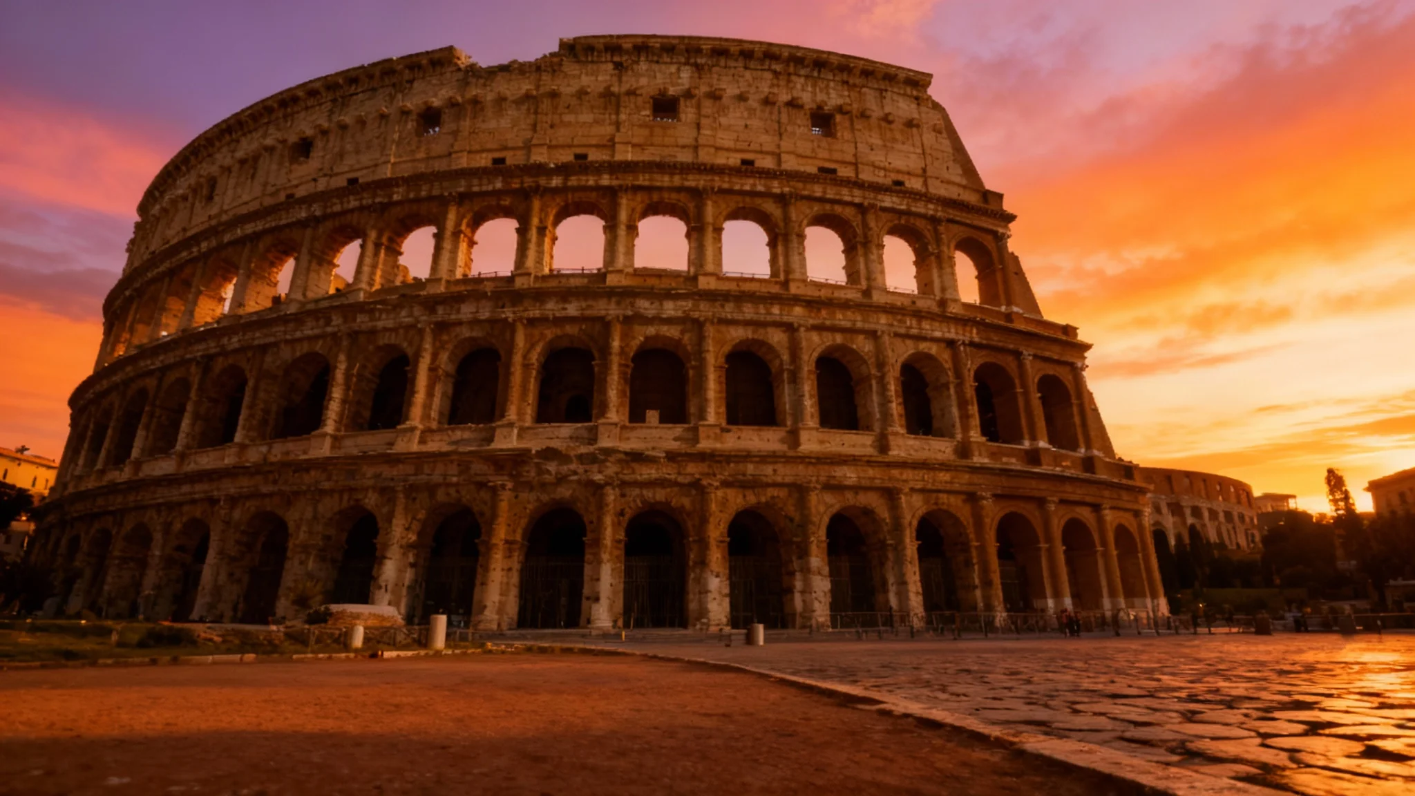 A wide, photorealistic hero image showing an empty Roman Colosseum at sunset. The image is presented as a clean, high-quality background, with dramatic lighting and a colorful sky, ready for design use.