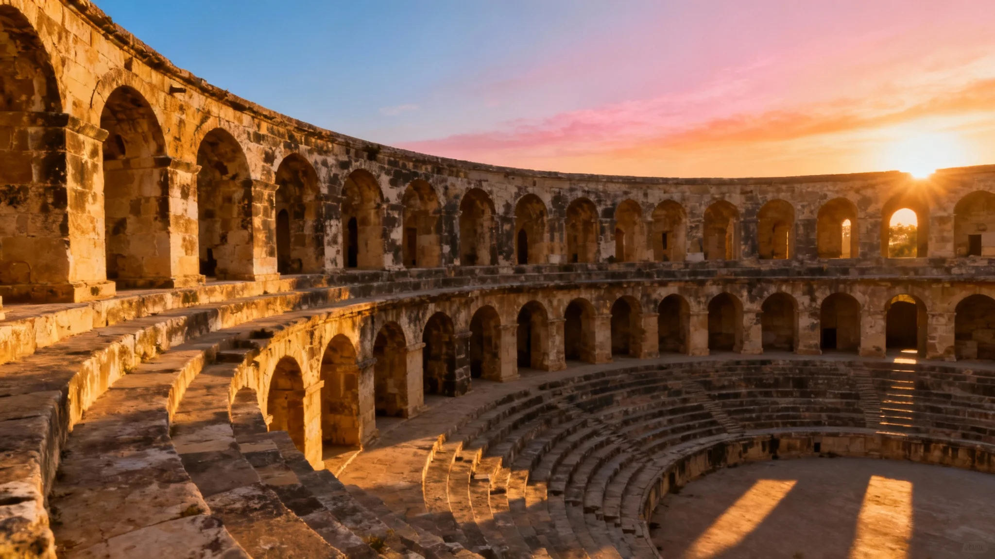 A stunning, photorealistic image of the Roman Colosseum at sunset. The warm light of the golden hour illuminates the ancient amphitheater, showcasing its detailed architecture against a beautiful, colorful sky.