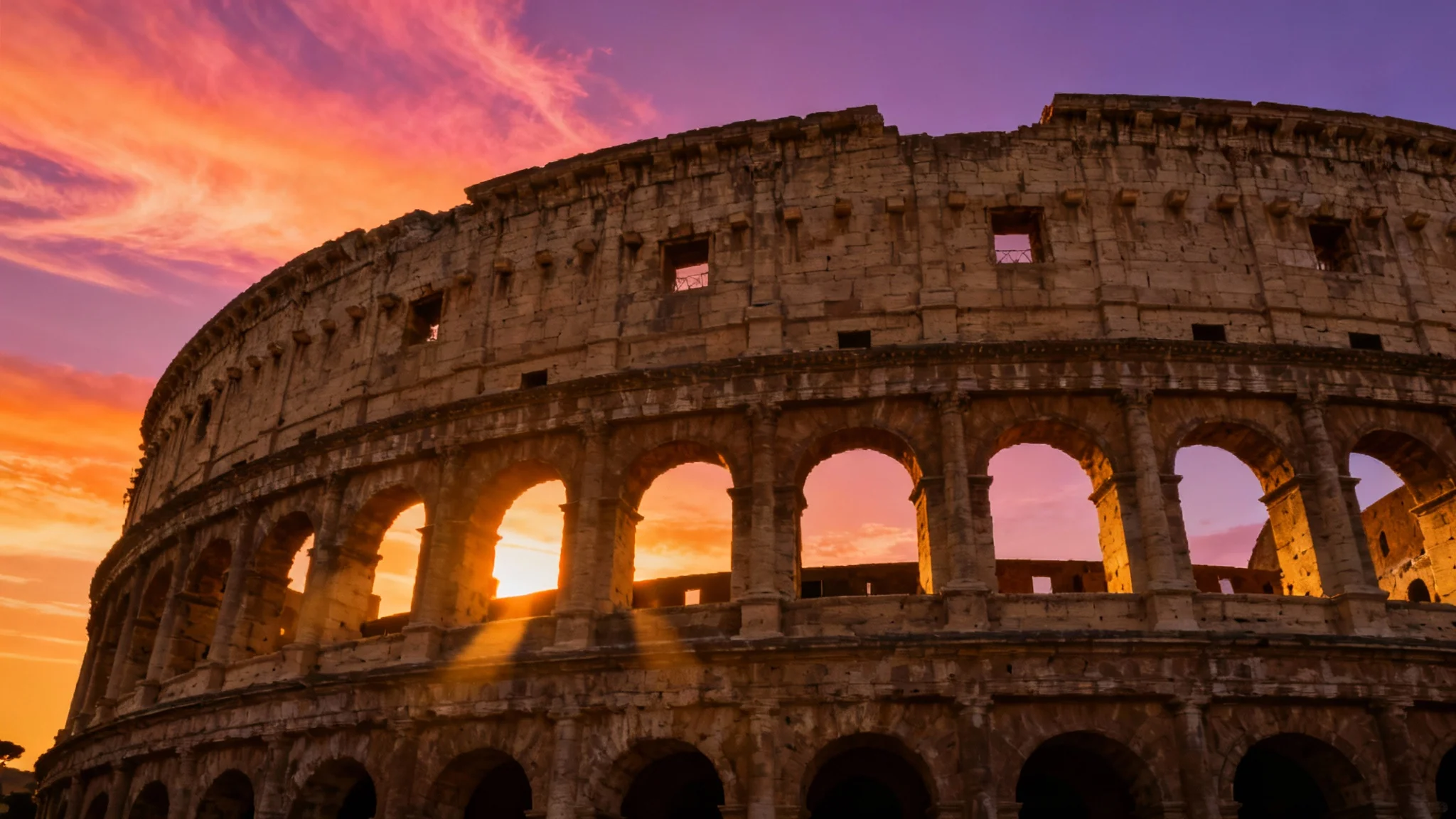 A majestic view of the Colosseum in Rome at sunset, with the warm, golden light illuminating the ancient stone architecture against a dramatic, colorful sky.