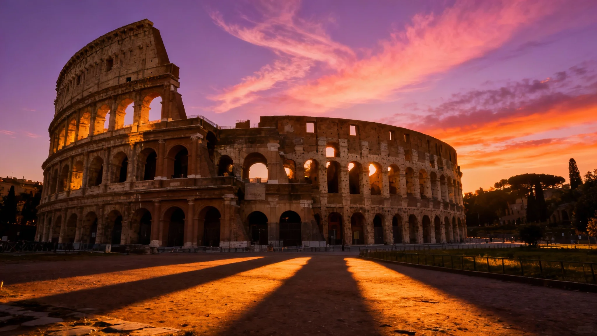 A majestic, photorealistic image of the Roman Colosseum at sunset. The golden sunlight highlights the ancient architecture against a vibrant, multi-colored sky.