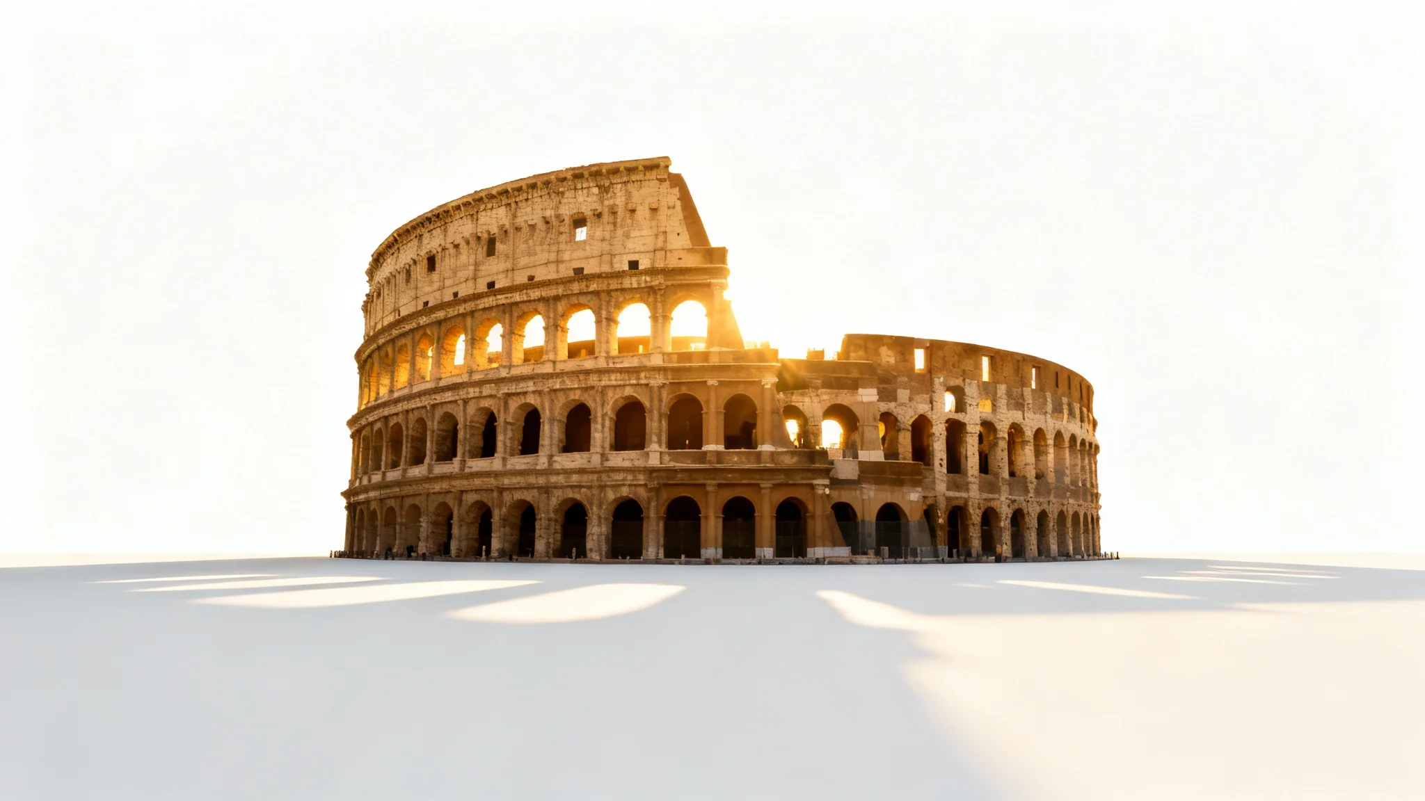 A majestic view of the Roman Colosseum at sunset, its ancient stones glowing in the warm light of the golden hour, isolated on a white background.