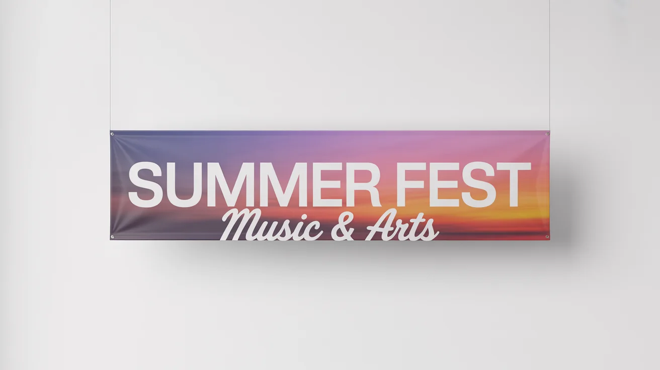 A mockup of a horizontal banner with a vibrant purple-to-orange gradient background. The text 'SUMMER FEST' and 'MUSIC & ARTS' is displayed in the center in white.