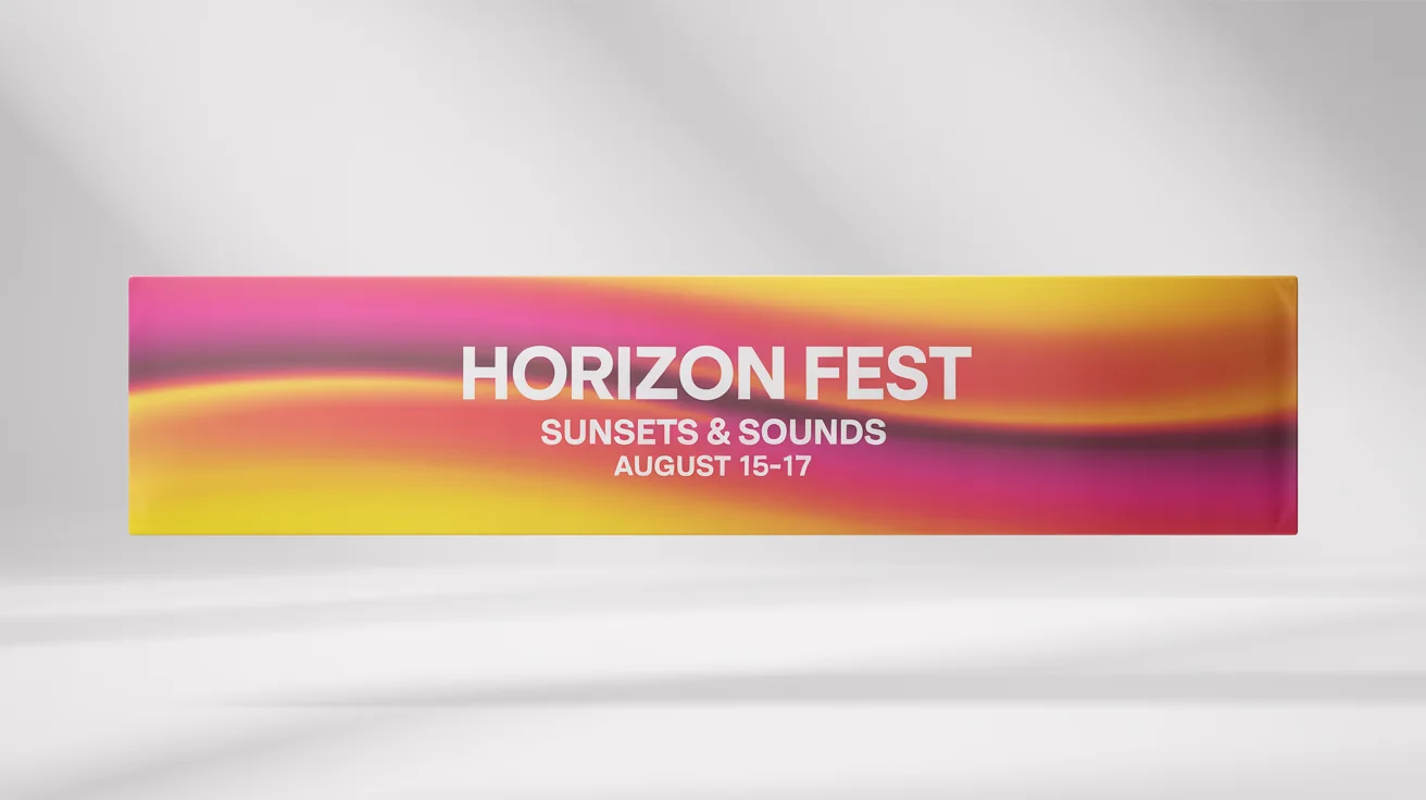 A mockup of a wide event banner with a fuchsia, orange, and yellow gradient. It has white text that says 'HORIZON FEST', 'SUNSETS & SOUNDS', and 'AUGUST 15-17' against a plain white background.