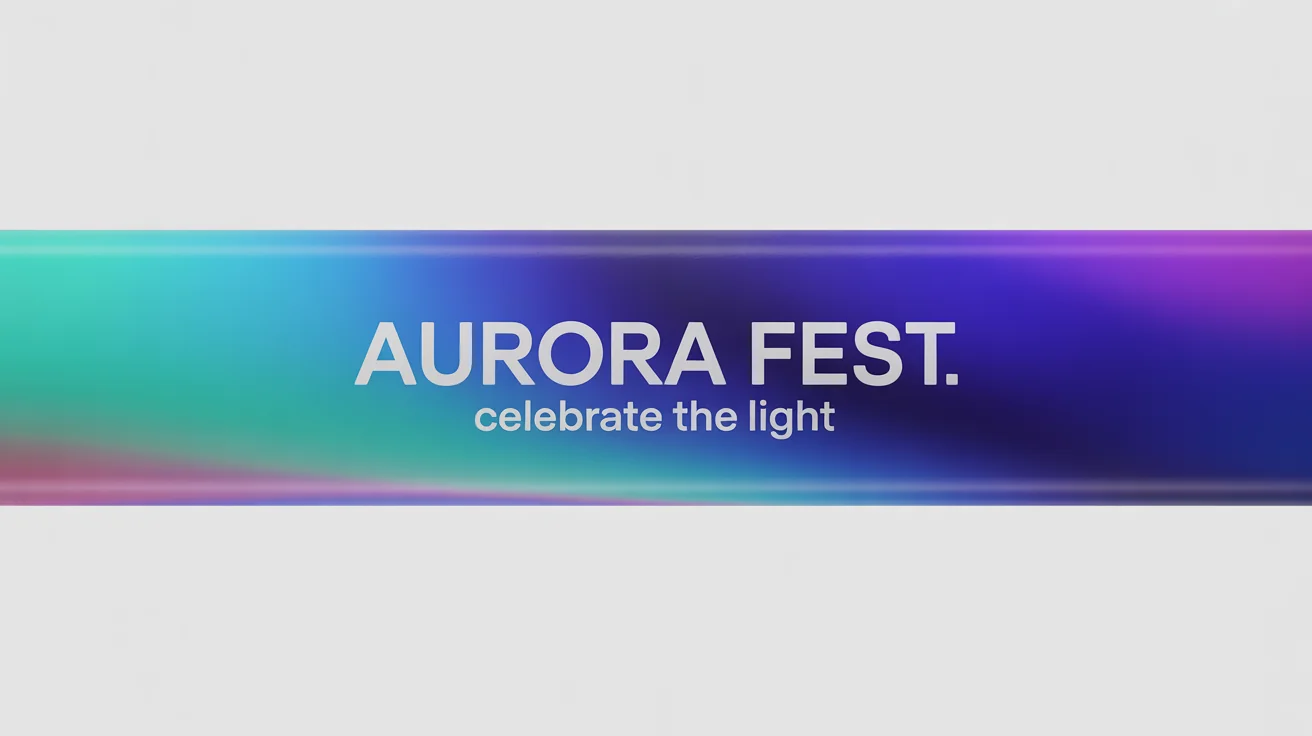 A professional mockup of a horizontal banner with a turquoise to purple gradient. The banner has white text that reads 'AURORA FEST' and 'CELEBRATE THE LIGHT'.