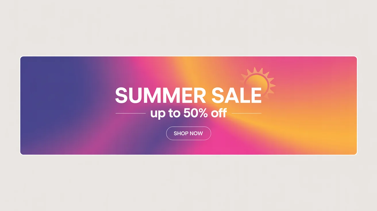 A horizontal banner with a purple, magenta, and orange gradient, featuring the text 'Summer Sale' and 'Up to 50% Off' in white font, displayed on a white background.