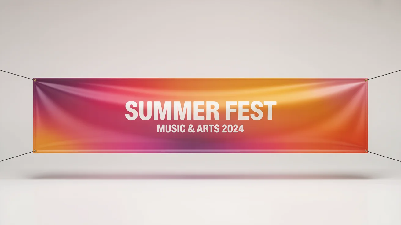 A mockup of a modern, wide banner with a magenta-to-orange gradient. The banner has text that reads 'SUMMER FEST' and 'MUSIC & ARTS 2024' and is displayed against a white background.