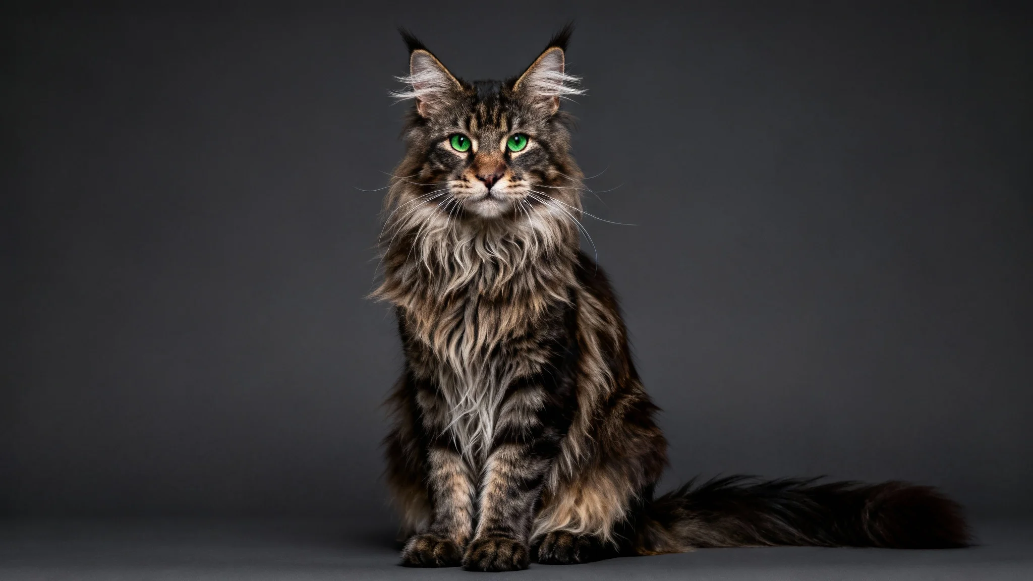 A hyperrealistic, AI-generated hero image of a majestic Maine Coon cat with long, flowing fur, looking directly at the camera against a dark grey background.
