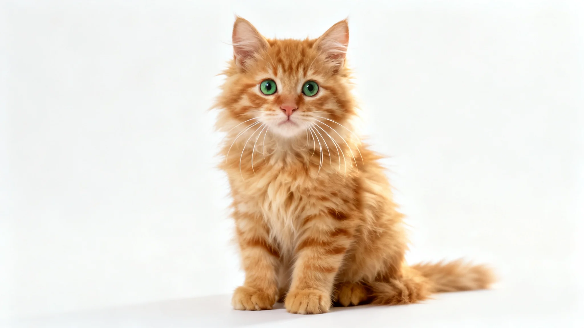 A photorealistic portrait of a fluffy ginger tabby cat with bright green eyes, sitting and looking directly at the camera against a clean white background.