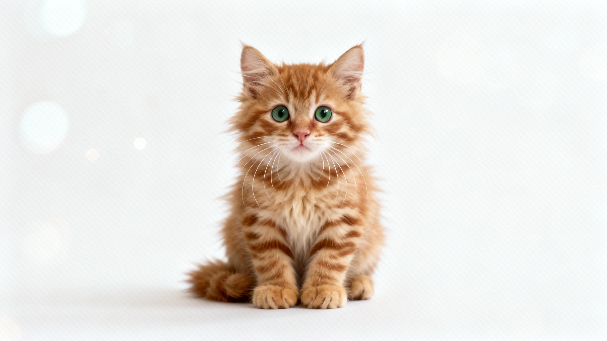 A photorealistic studio portrait of a cute, fluffy ginger tabby kitten with large green eyes, sitting against a solid white background.