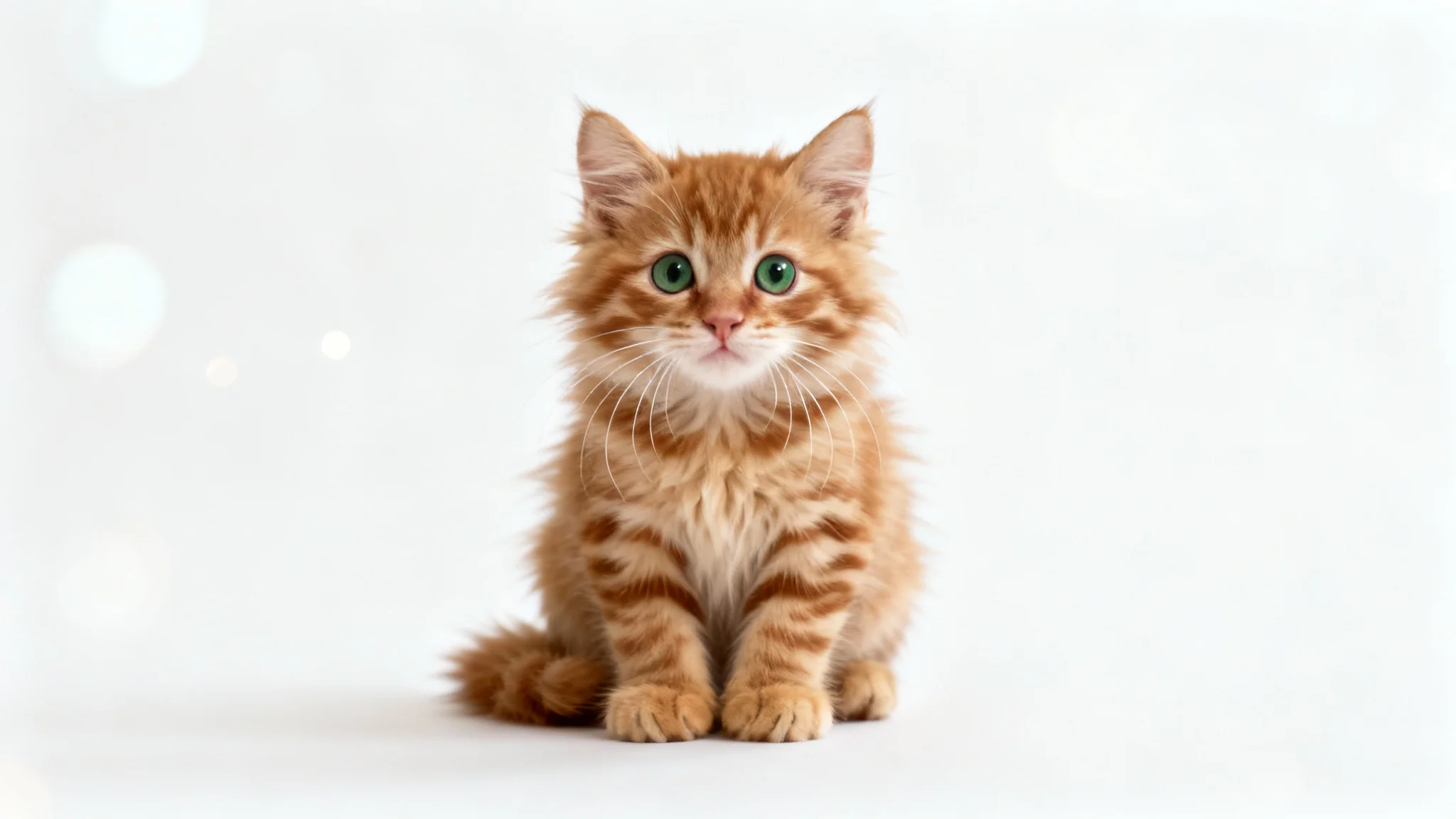 A photorealistic studio portrait of a cute, fluffy ginger tabby kitten with large green eyes, sitting against a solid white background.