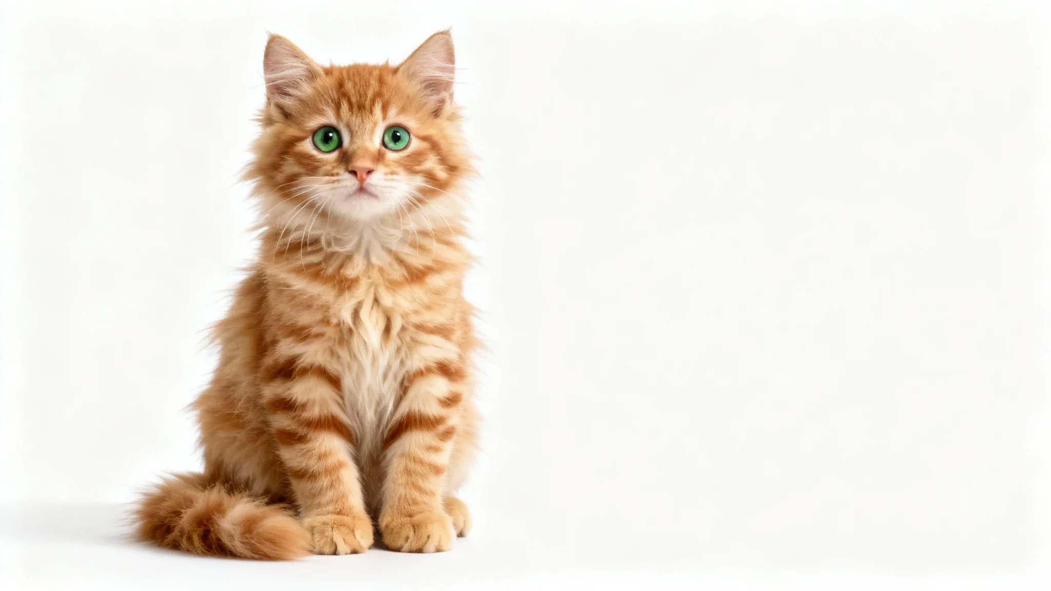 A photorealistic studio photo of a cute, fluffy ginger tabby kitten sitting on a pure white background and looking directly at the camera with wide, curious eyes.