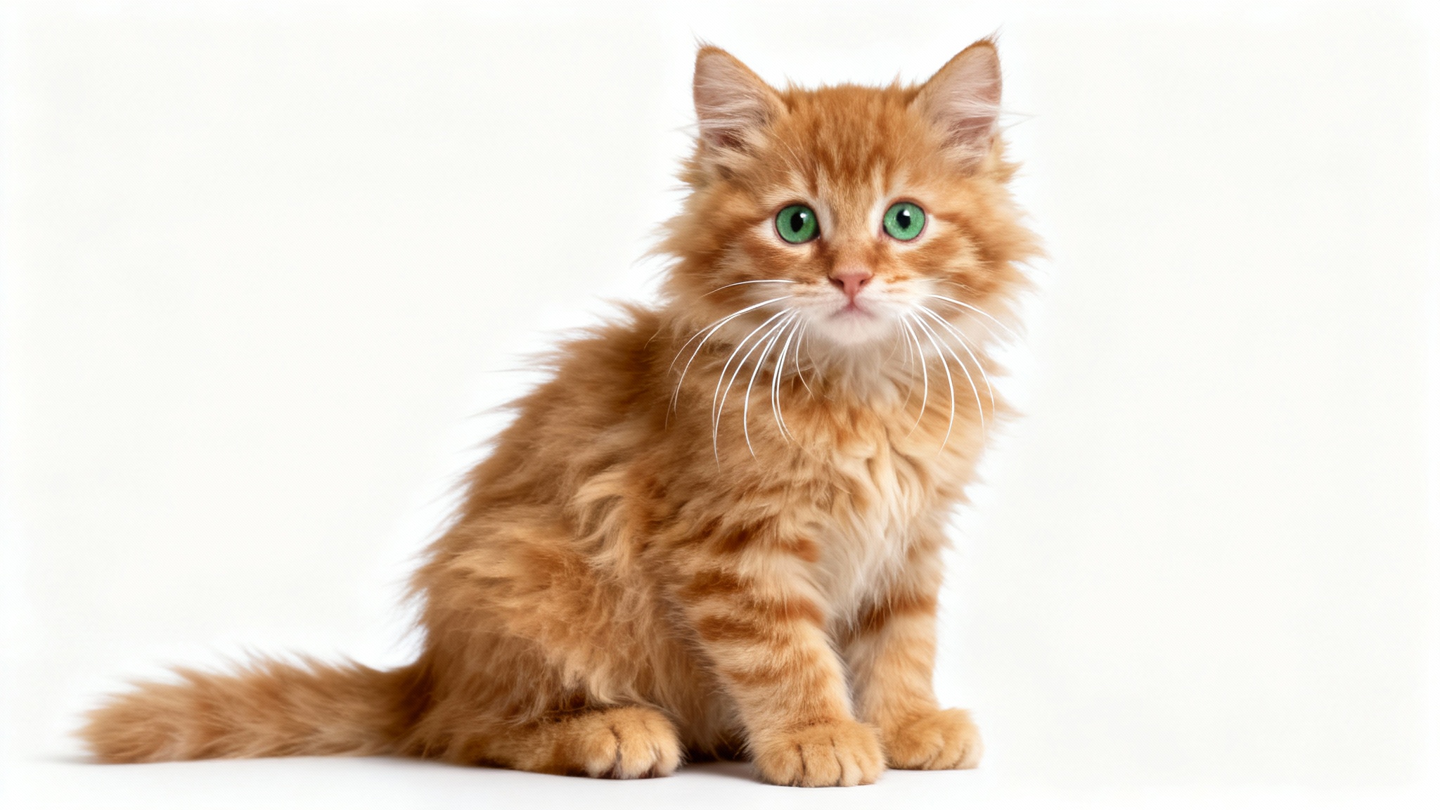 A high-quality, realistic studio photograph of a cute ginger tabby kitten sitting on a plain white background and looking directly at the camera.