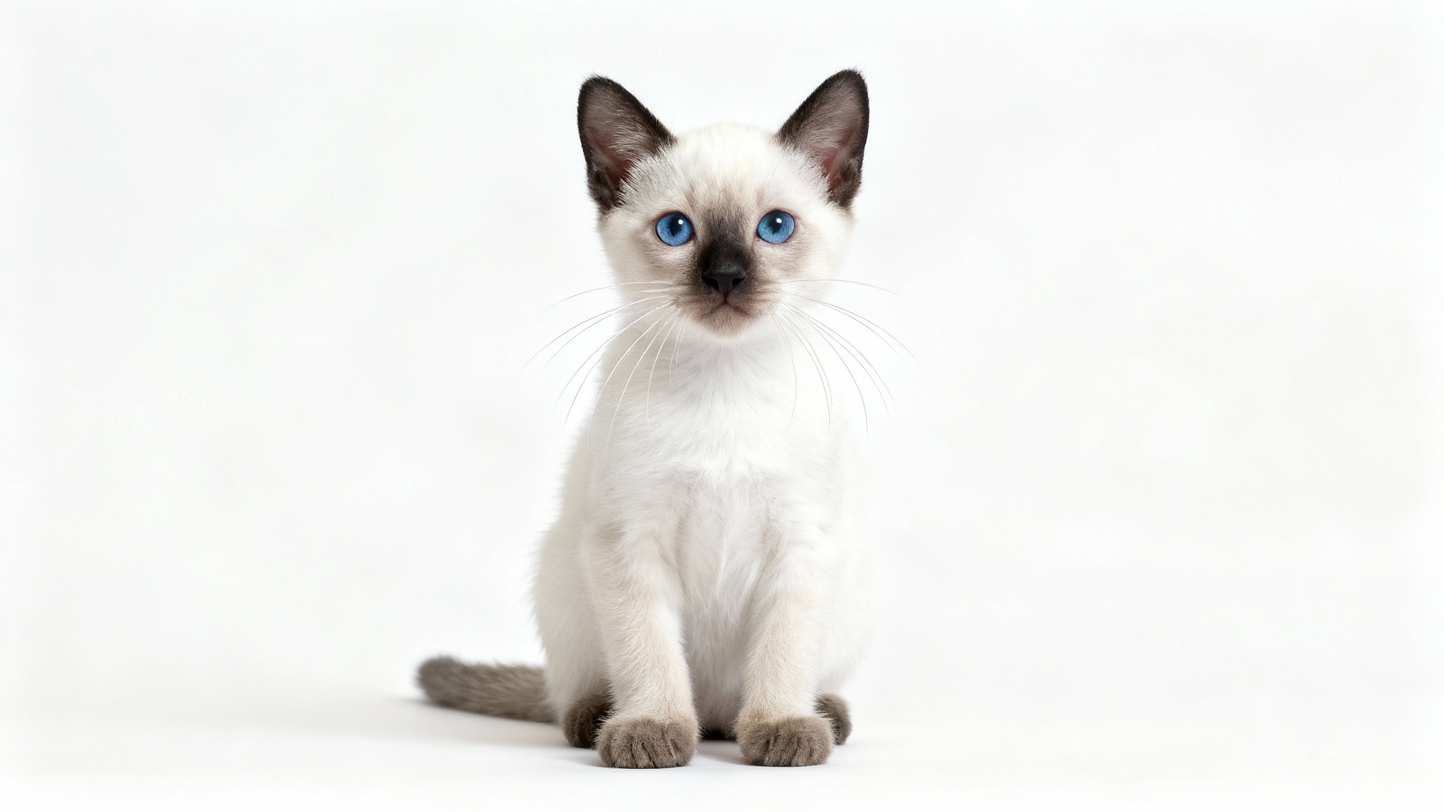 A high-key, photorealistic image of a fluffy Siamese kitten with bright blue eyes, sitting calmly on a pure white background and looking at the camera.