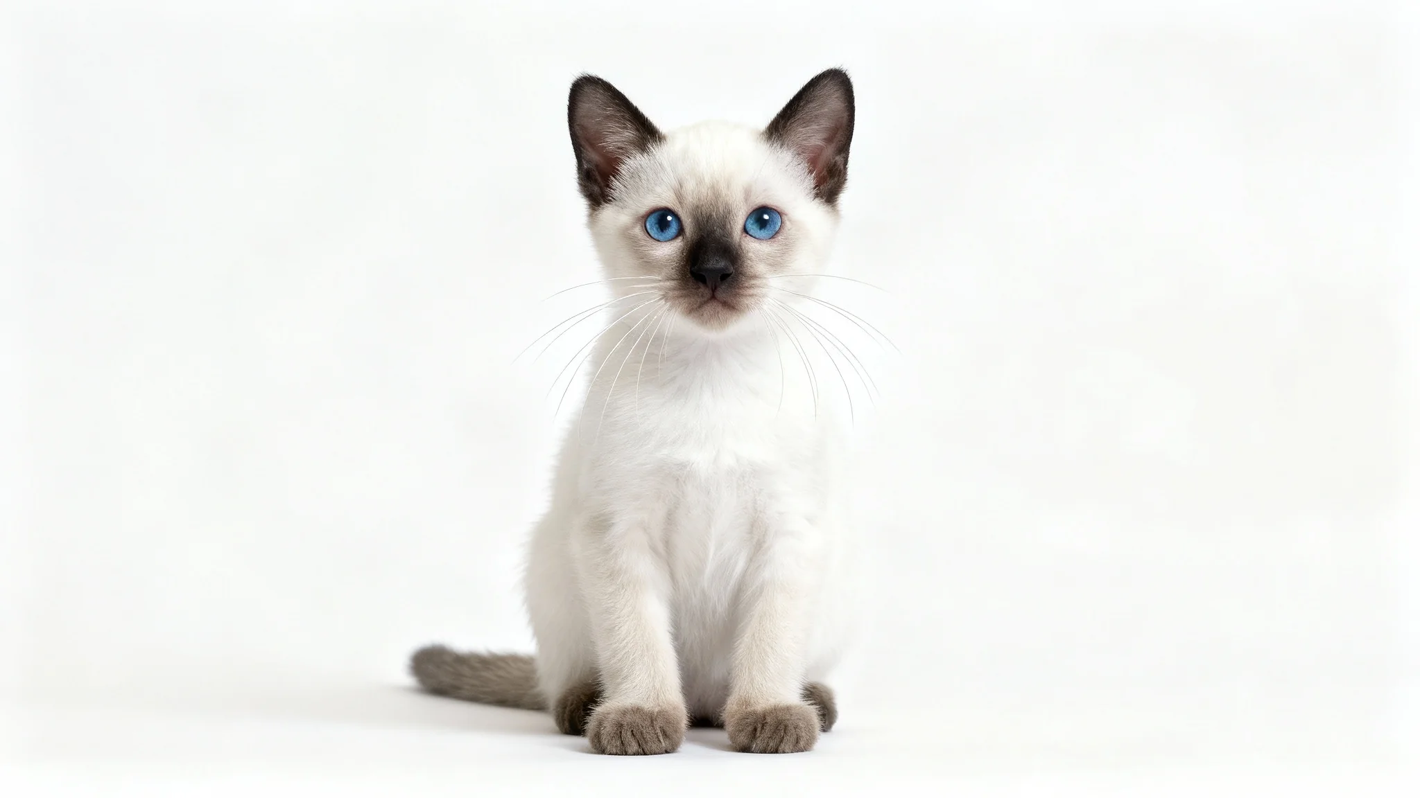 A high-key, photorealistic image of a fluffy Siamese kitten with bright blue eyes, sitting calmly on a pure white background and looking at the camera.